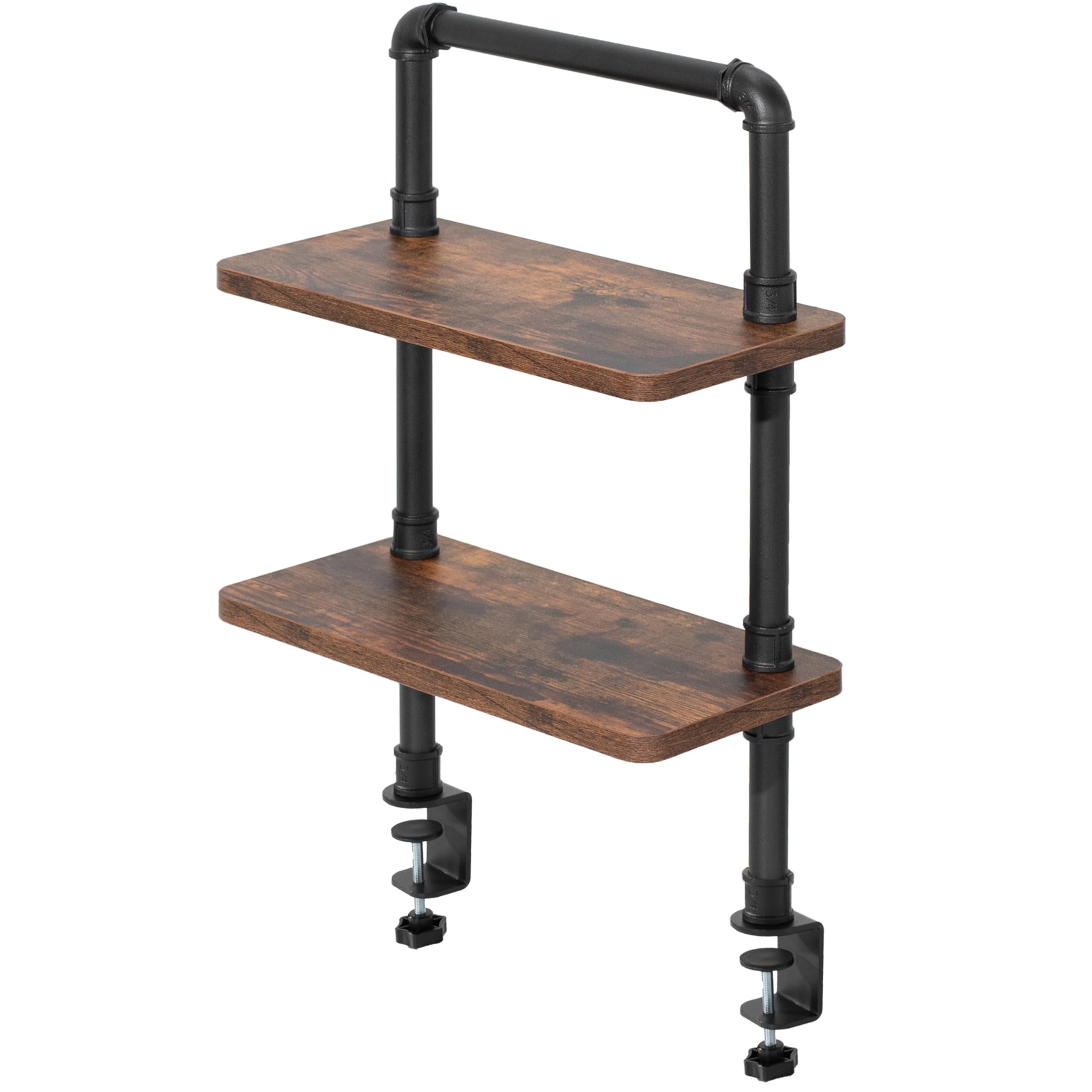 VIVO Clamp-on 16 Inch Industrial Pipe 2-Tier Tabletop Shelf - Heavy Duty Desk Organizer, Rustic Vintage Brown Display Shelf for Office, Kitchen, Workshop & Retail Store - DESK-SHELF16-2N
