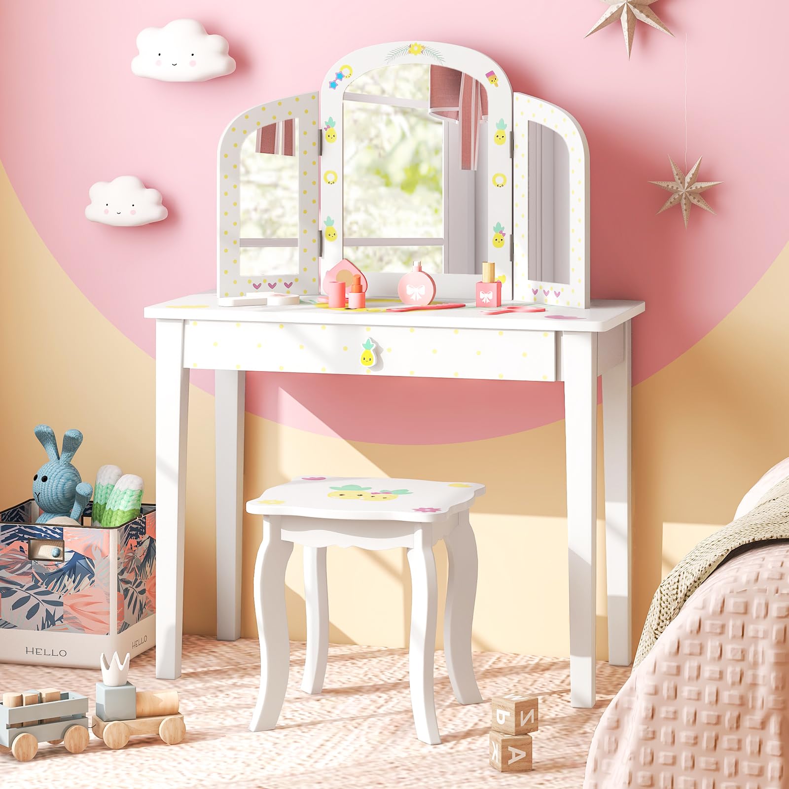 Costzon Kids Vanity Table with Tri-Folding Mirror & Drawer - Princess Makeup Dressing Set for Girls, 2-in-1 Detachable Top Pretend Play Beauty Station (Fruit Pattern) - Perfect for Bedroom Decor & Role Play Gifts