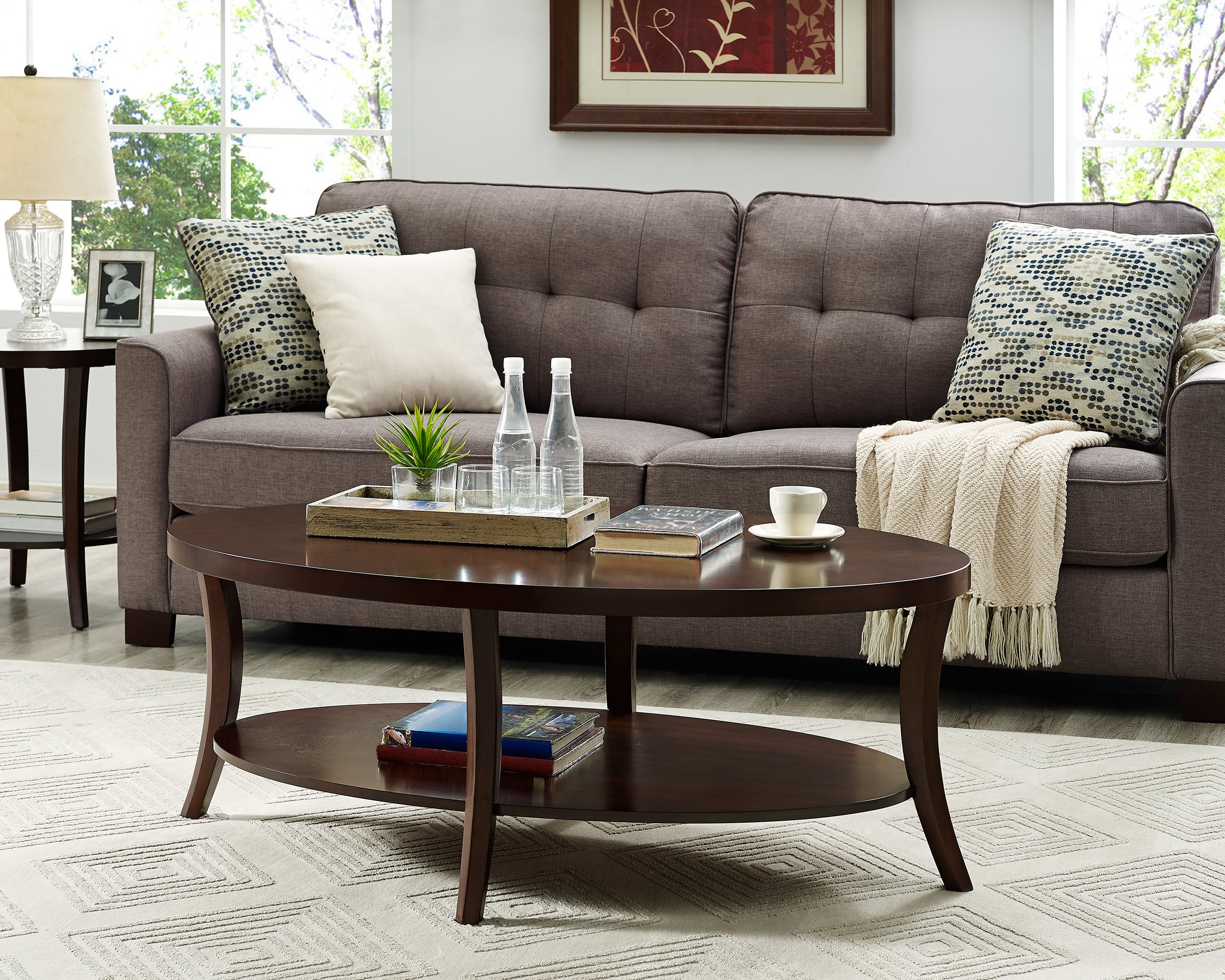 Roundhill Furniture Perth Contemporary Oval Coffee Table with Shelf - Espresso Finish - Perfect for Living Room, Office & Lounge Decor