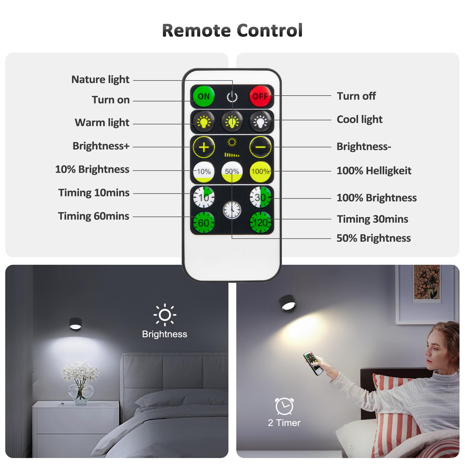 2 Pack LED Wall Sconces with Remote Control - Rechargeable Battery Operated Wall Lights, 3 Color Temperatures & Dimmable, 360° Magnetic Rotation for Bedroom, Hallway, Staircase Lighting