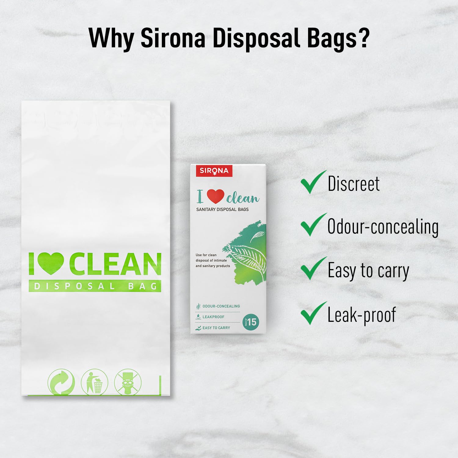 Sirona Personal Disposal Bags - 15 Count Discreet Hygiene Bags for Tampons, Sanitary Pads, Panty Liners & Condoms | Travel, Gym & Home Use | Eco-Friendly Menstrual Waste Solution
