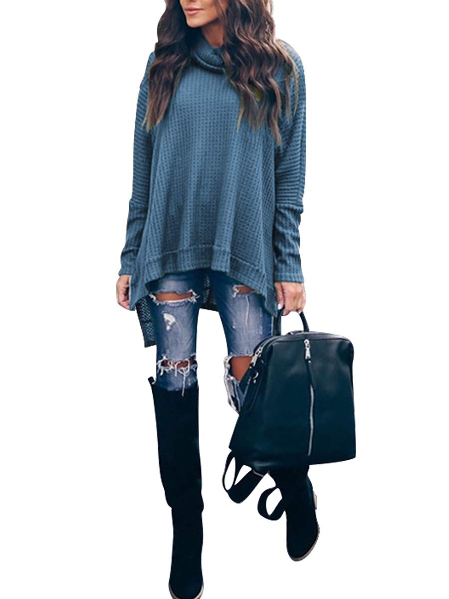 Caracilia Women's Oversized Turtleneck Sweater - Batwing Long Sleeve Waffle Knit Pullover with Split Hem | Cozy Winter Tunic Top for Casual Outfits, Office Wear & Holiday Fashion 2024