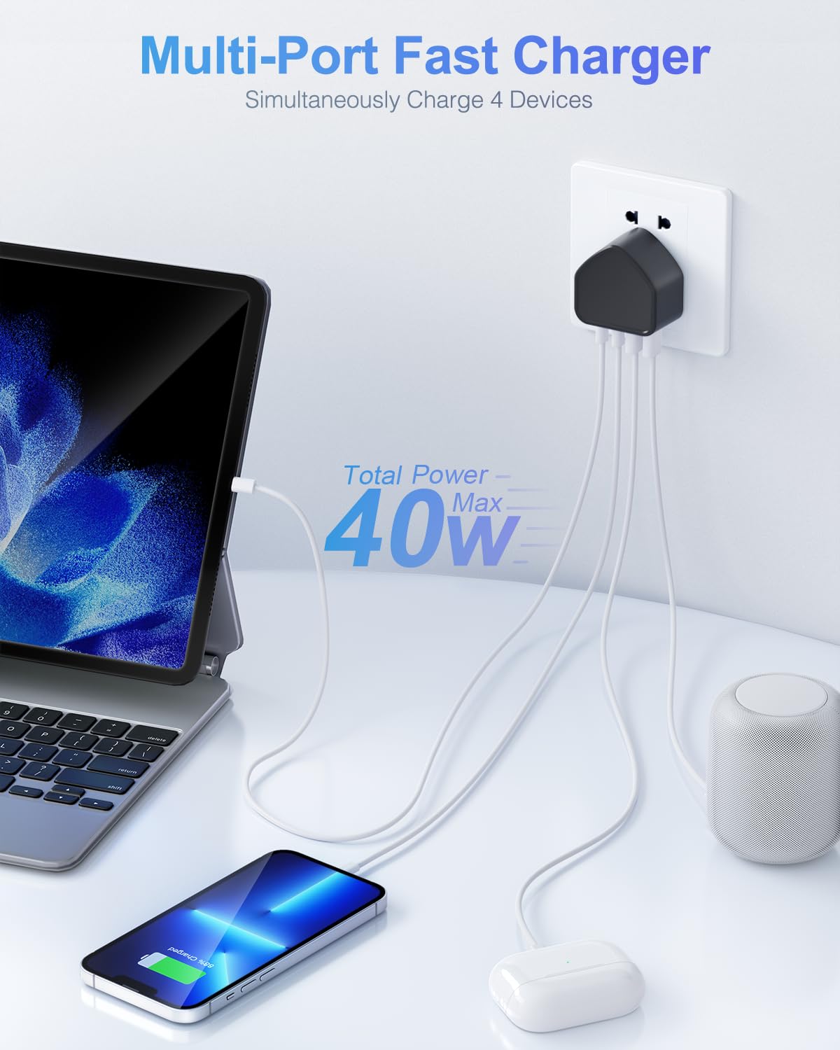 40W 4-Port USB C Fast Charger for iPhone 15/14/13/12/11 Pro Max/SE/XS/XR, iPad, Samsung Galaxy, Tablets - Dual USB-C & USB-A Wall Charger with UK Plug - Perfect for Home, Office & Travel Charging Multiple Devices Simultaneously