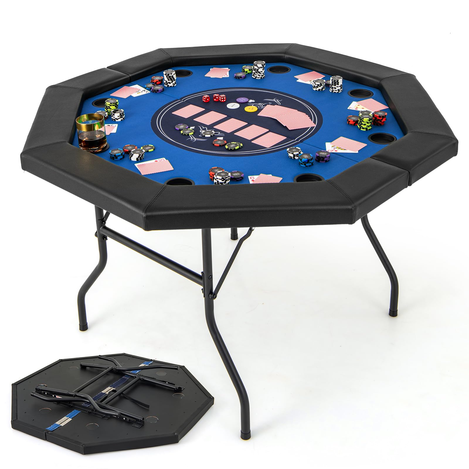 Giantex 48 Inch Foldable Poker Table - 8 Player Octagon Texas Holdem Table with Cup Holders, Casino Felt Surface & Padded Rails - Portable Folding Card Game Table for Blackjack, Poker Nights, Home Game Room & Casino Parties (Blue & Black)