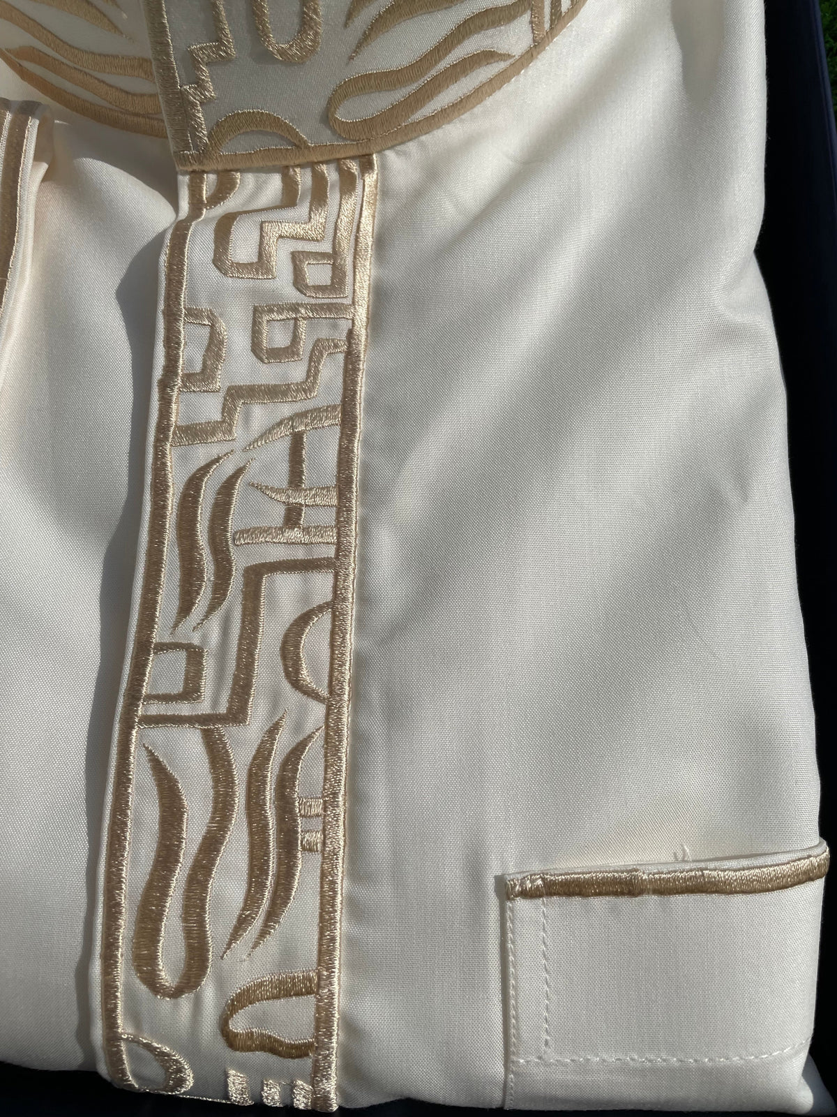 Premium Men's Cream Saudi Thobe with Gold Embroidery - Traditional Islamic Robe for Eid, Wedding & Special Occasions
