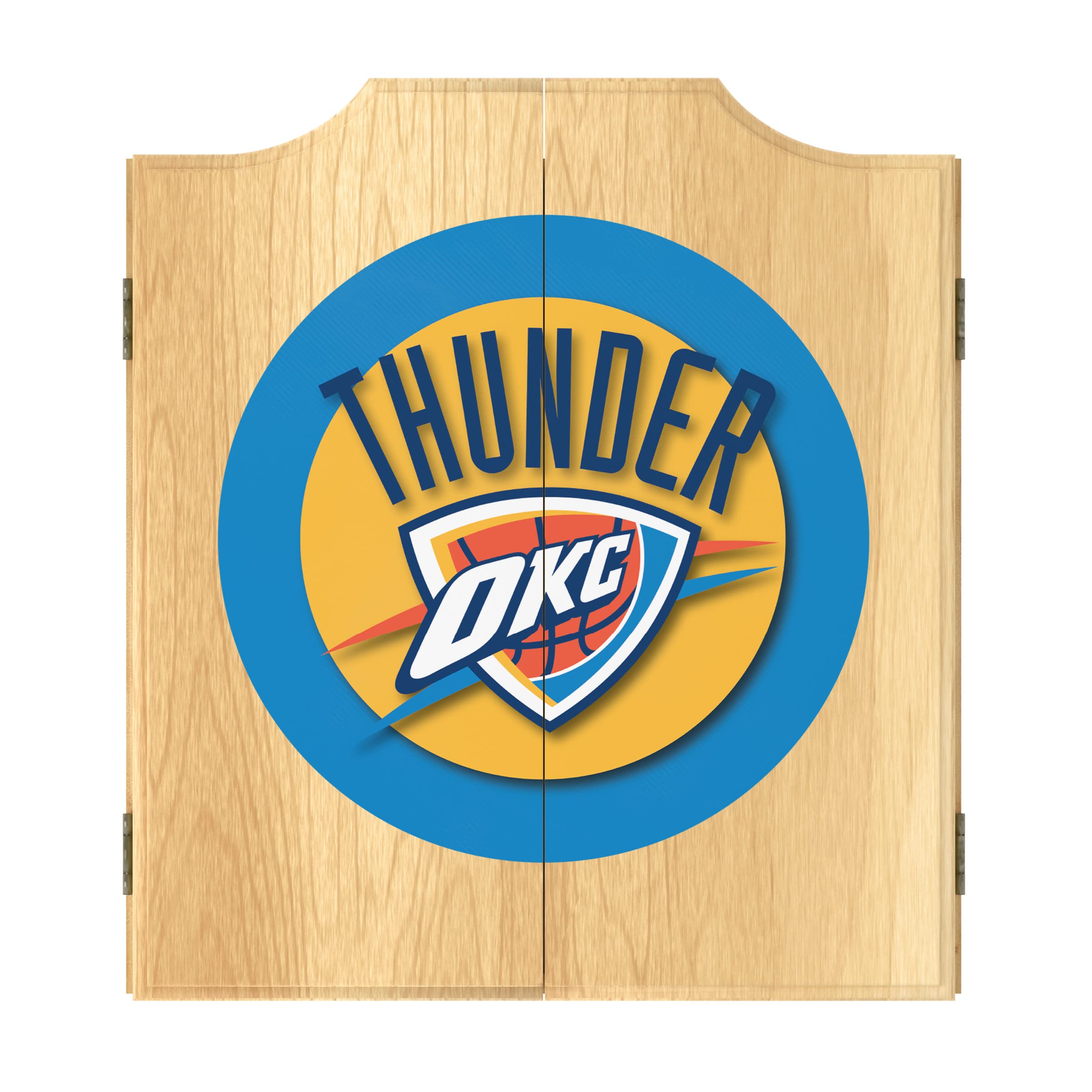 Oklahoma City Thunder Logo Dartboard Cabinet Set with 6 Steel Tip Darts, Scoreboard & Wooden Hanging Cabinet - Perfect for Game Rooms, Bars & Man Caves