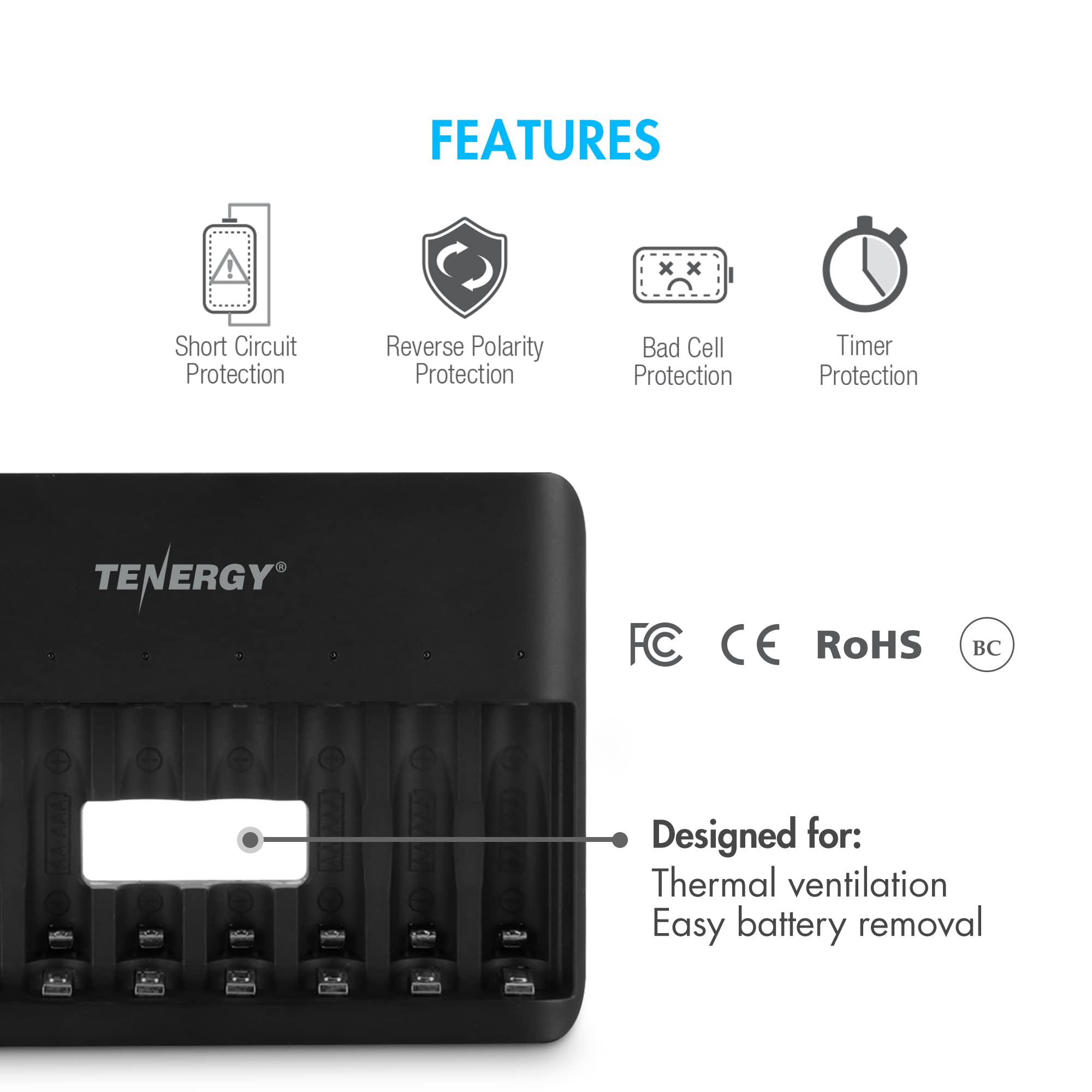 Tenergy TN477U 8-Bay Fast Smart Charger for AA AAA NiMH NiCd Rechargeable Batteries - Dual Micro USB & USB C Input - Perfect for Cameras, Toys, Flashlights & Home Electronics