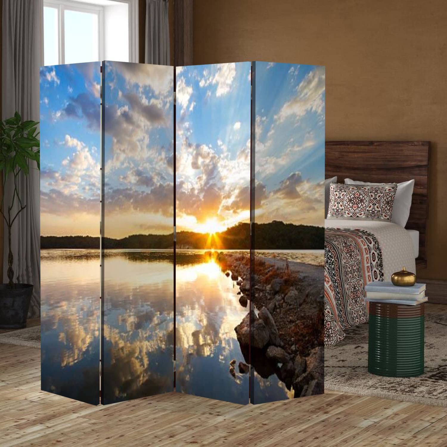 Wooden Folding Room Divider with Canvas Panels - 4-Panel Privacy Screen for Home & Office | Dual-Sided Rock Jetty Sunrise Design | Indoor Partition Wall & Display Shelf | Perfect for Living Rooms, Bedrooms, and Studio Spaces