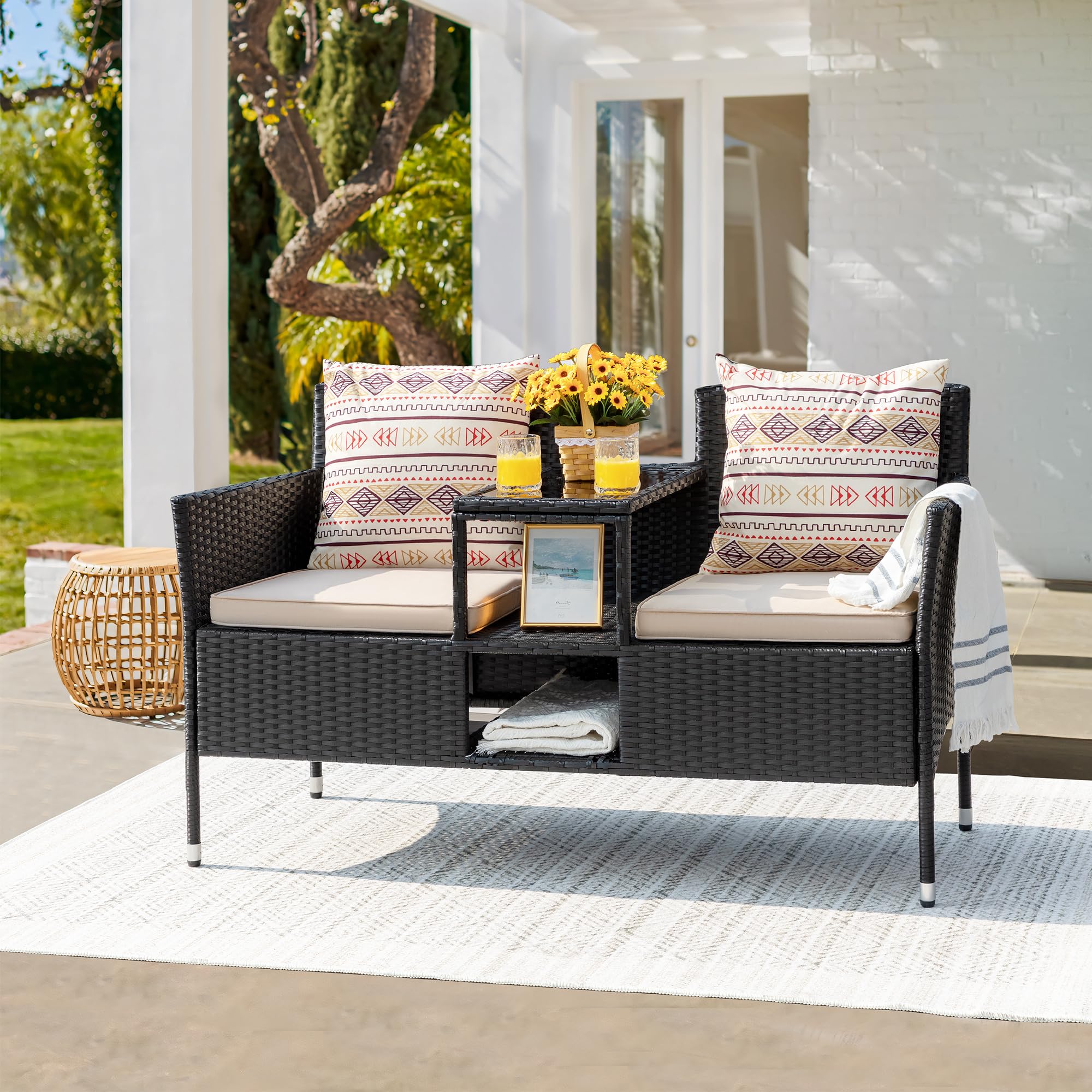 Devoko Modern Rattan 2-Seater Outdoor Patio Loveseat with Cushions & Built-in Coffee Table - Beige Porch Furniture Set for Garden, Lawn, Backyard | Perfect for Relaxing, Entertaining & Outdoor Conversations