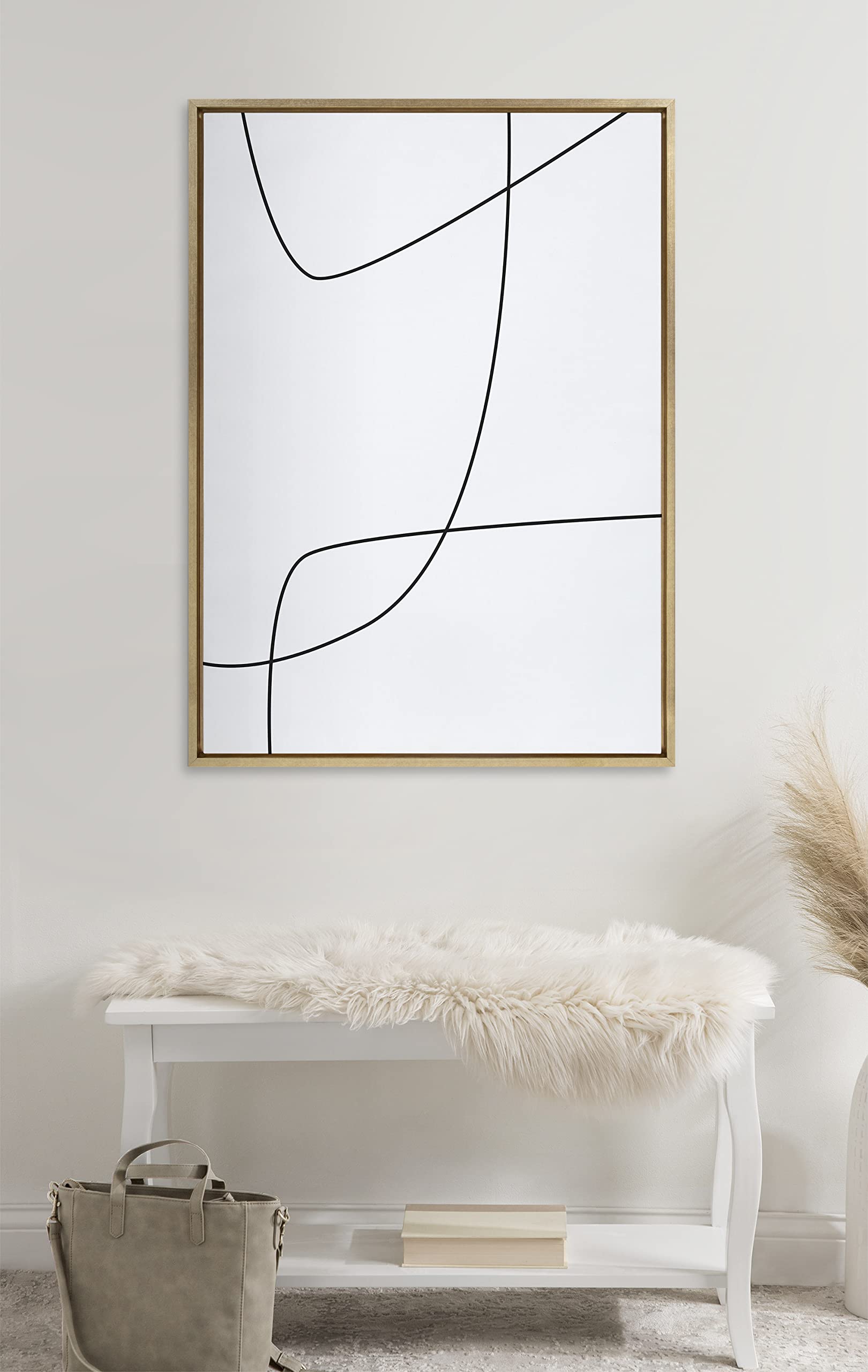 Kate & Laurel Sylvie Modern Line Abstract Black & White Framed Canvas Wall Art - 28x38 Inches, Gold Frame - Contemporary Glam Decor for Living Room, Bedroom & Office