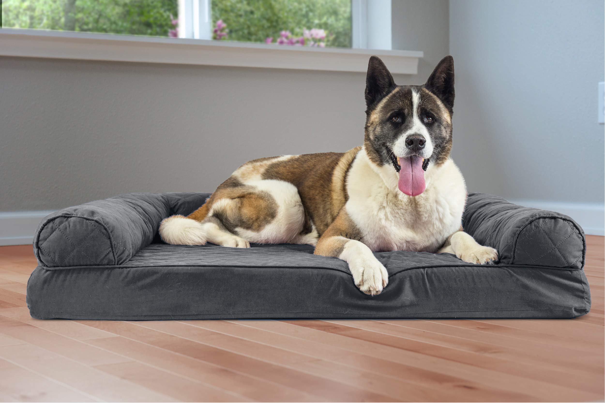 **Furhaven Orthopedic Memory Foam Dog Bed for Large Dogs up to 95 lbs - XL Jumbo Size with Removable Bolsters & Machine Washable Cover - Quilted Sofa Design in Iron Gray - Perfect for Living Room, Bedroom, or Pet-Friendly Spaces**