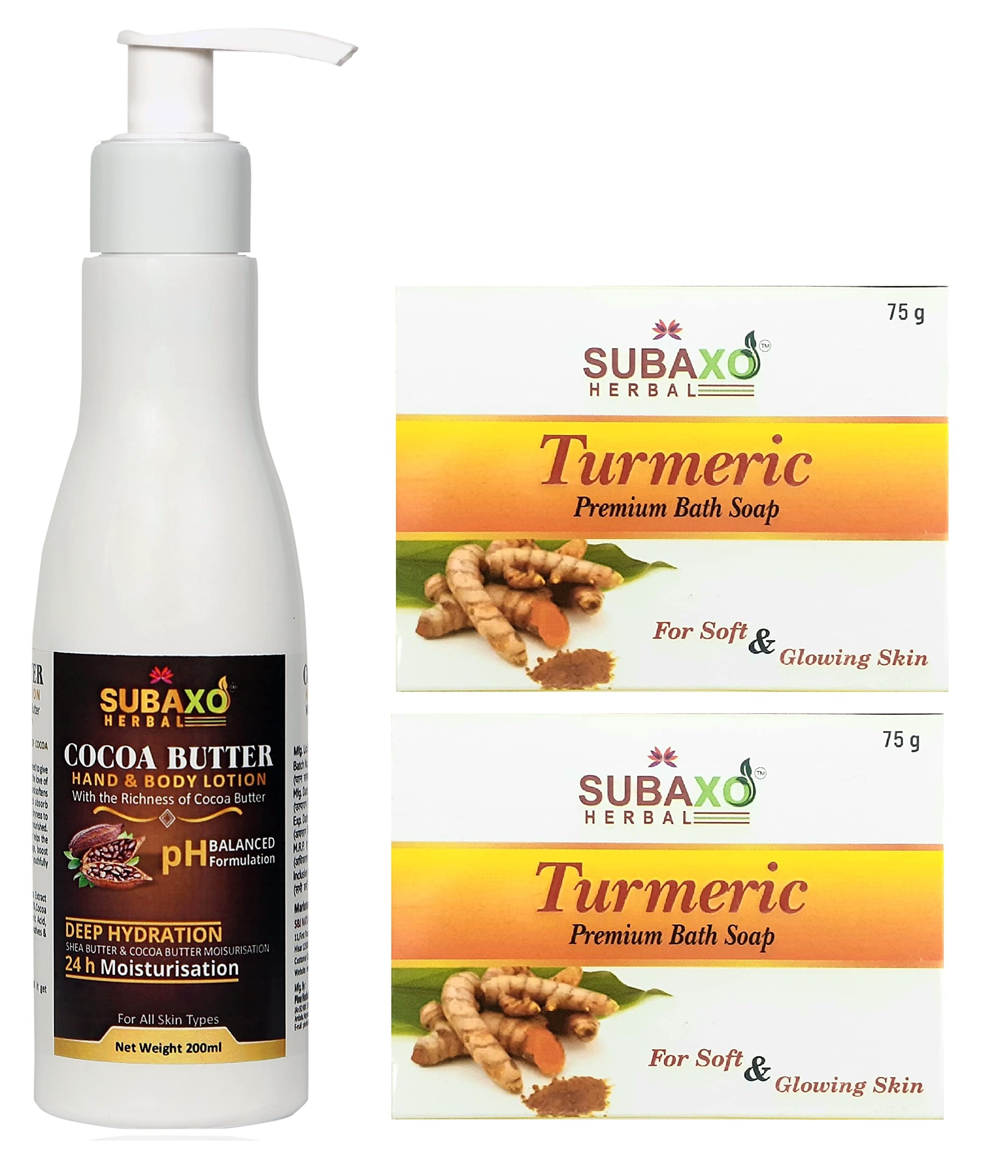 SUBAXO Cocoa Butter & Turmeric Herbal Body Lotion & Soap Set - 200ml Deep Hydration Lotion + 2x75g Natural Bath Soap for Dry Skin - Perfect for Spa Day, Gift Sets & Daily Skincare Routine