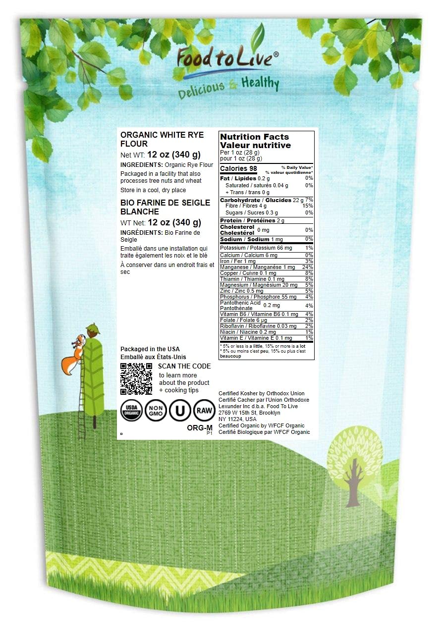 Organic White Rye Flour by Food to Live | 12 oz | Non-GMO, Unbleached, Vegan & Kosher Certified | Medium Protein, Finely Milled | Perfect for Baking Bread, Cookies, Muffins & Sourdough | Ideal for Home Bakers & Healthy Cooking
