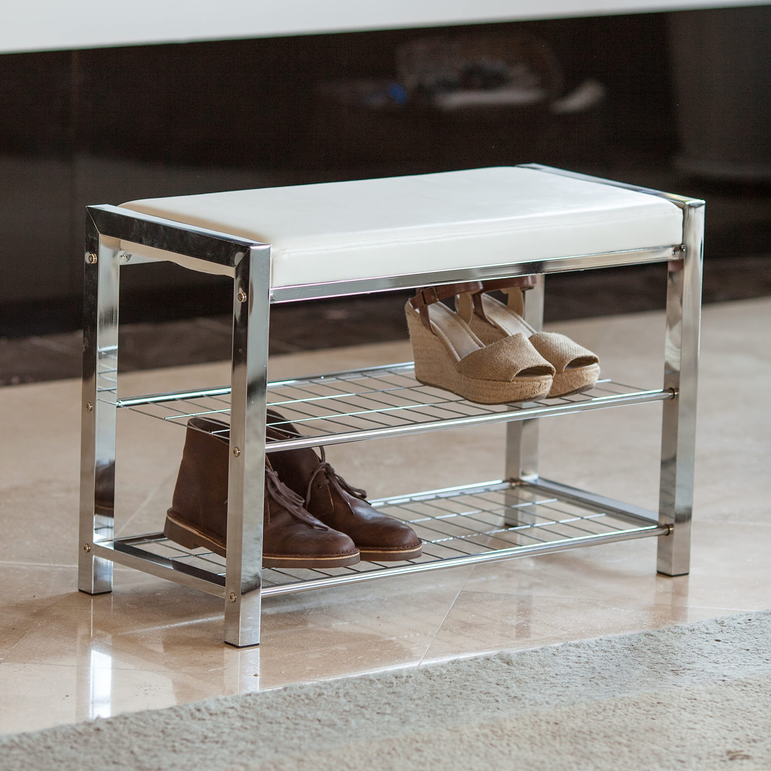 Danya B White Leatherette Storage Entryway Bench with Chrome Frame - Modern Hallway Bench with Shoe Storage, Perfect for Entryway, Living Room, Bedroom & Mudroom Organization