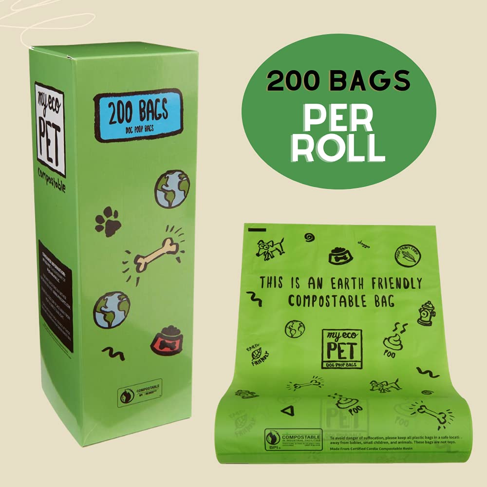 MyEcoPet® Compostable Dog Waste Bags - 200 Count Roll | Biodegradable, Eco-Friendly Pet Poop Bags for Dogs | Perfect for Park Walks, Backyard Cleanup & Travel Use