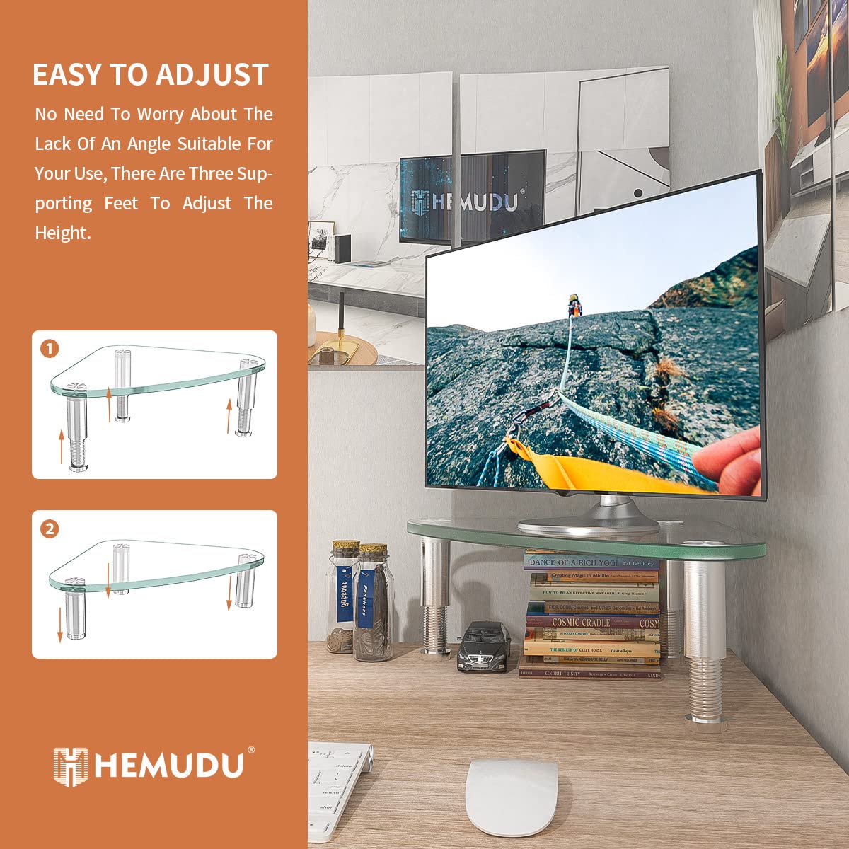 Hemudu Clear Glass Monitor Stand - Universal Triangle Corner Riser for Computer Monitor & Laptop (HD01T-003) - Perfect for Home Office, Gaming Setup & Workspace Organization
