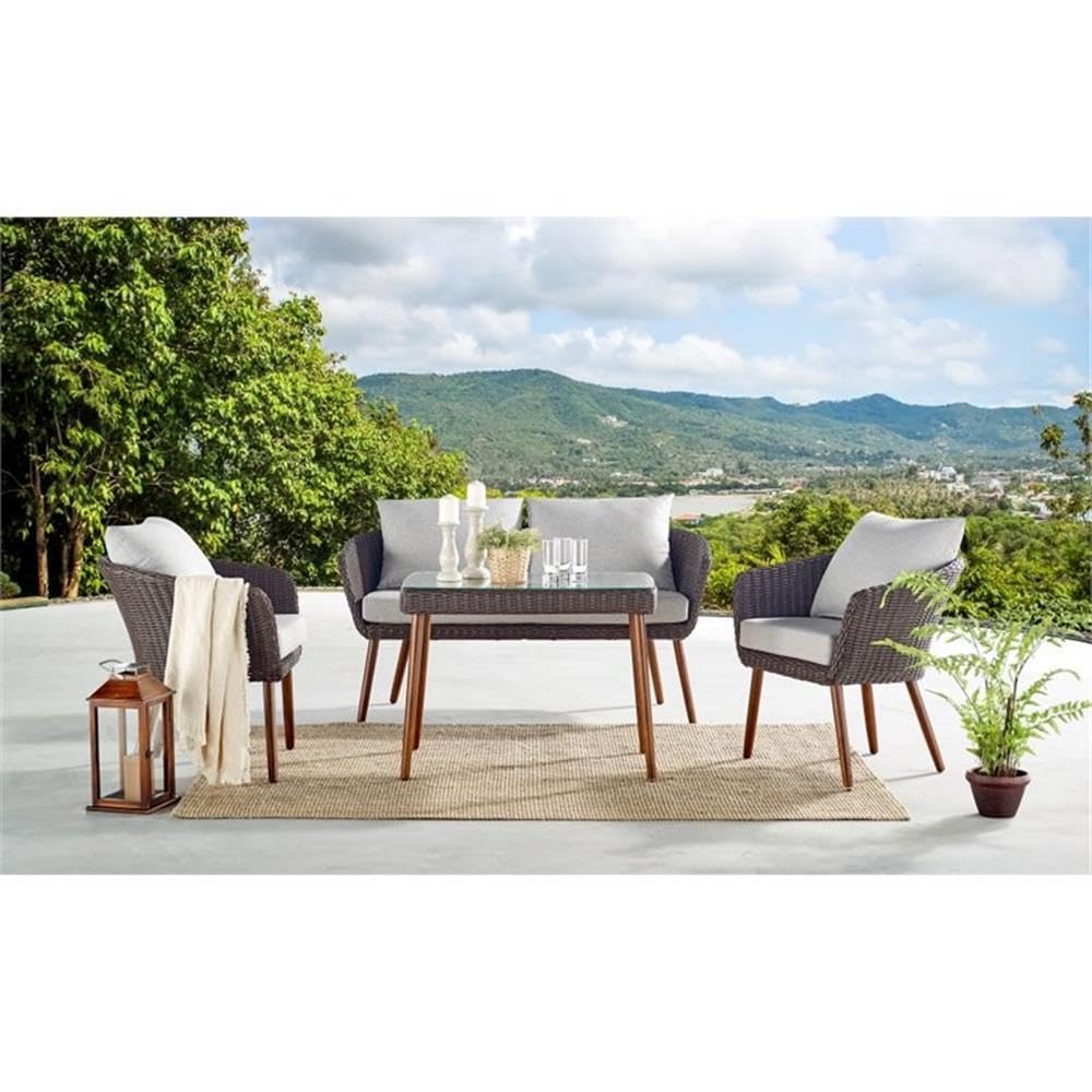 **Athens All-Weather Wicker 2-Seat Outdoor Patio Furniture Set with Removable Cushions - Modern Weatherproof Armchair & Bench with Wood Legs - Perfect for Patio, Porch, Garden, or Poolside Relaxation**