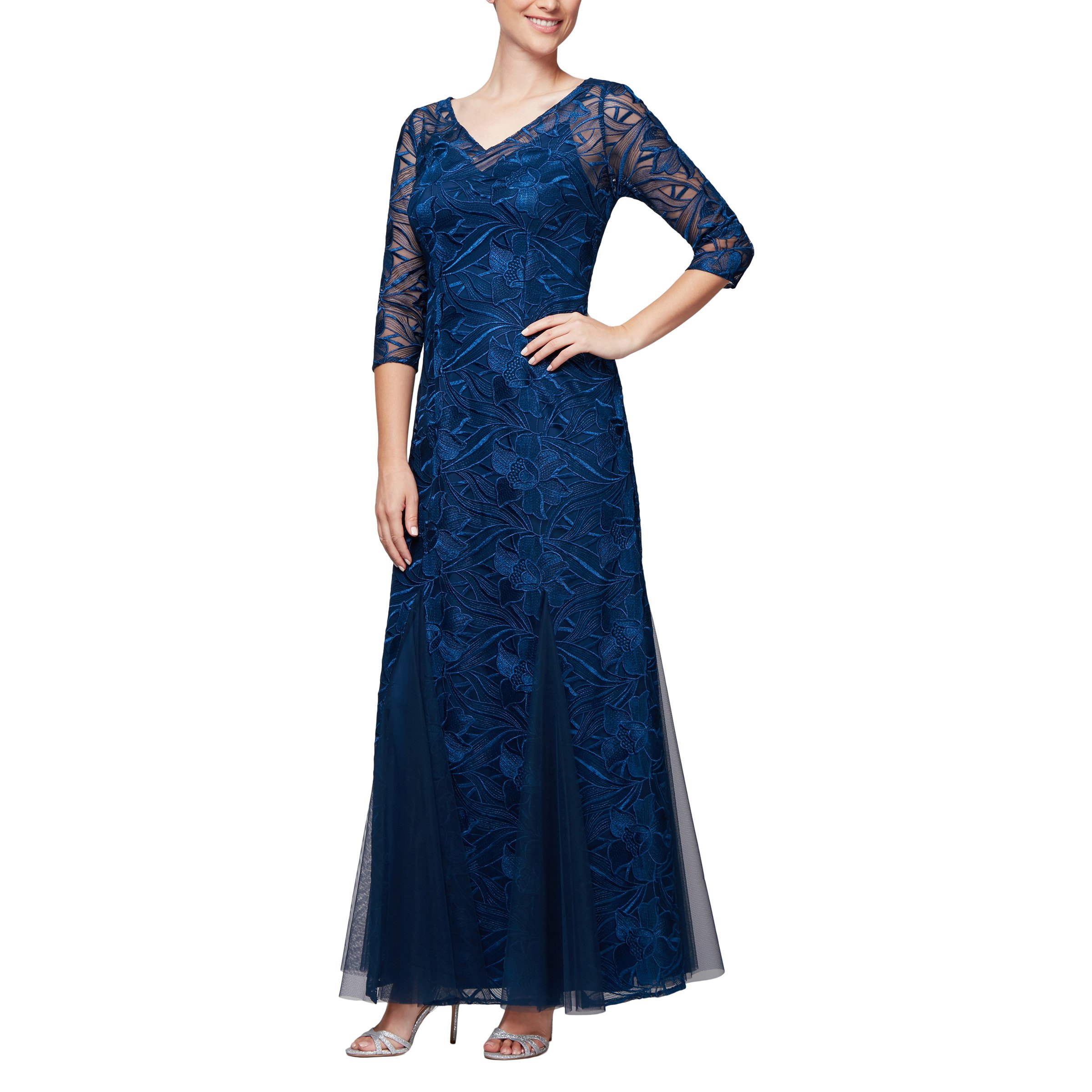 Alex Evenings Women's Long V-Neck Fit and Flare Lace Dress for Evening Parties, Weddings & Special Occasions
