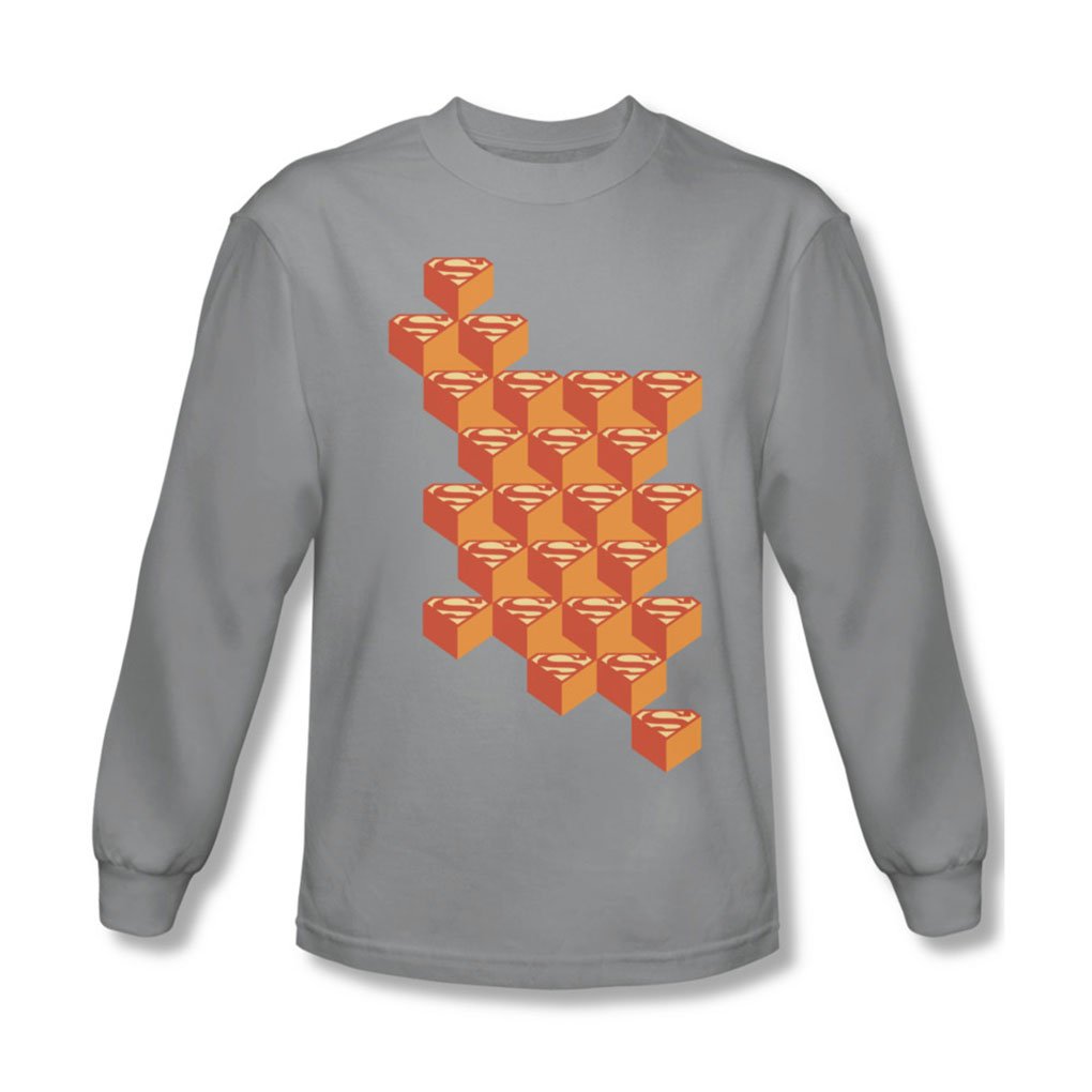 Superman Men's Geo Blocks Long Sleeve Shirt - Silver Superhero Graphic Tee for Cosplay, Comic Con & Casual Wear