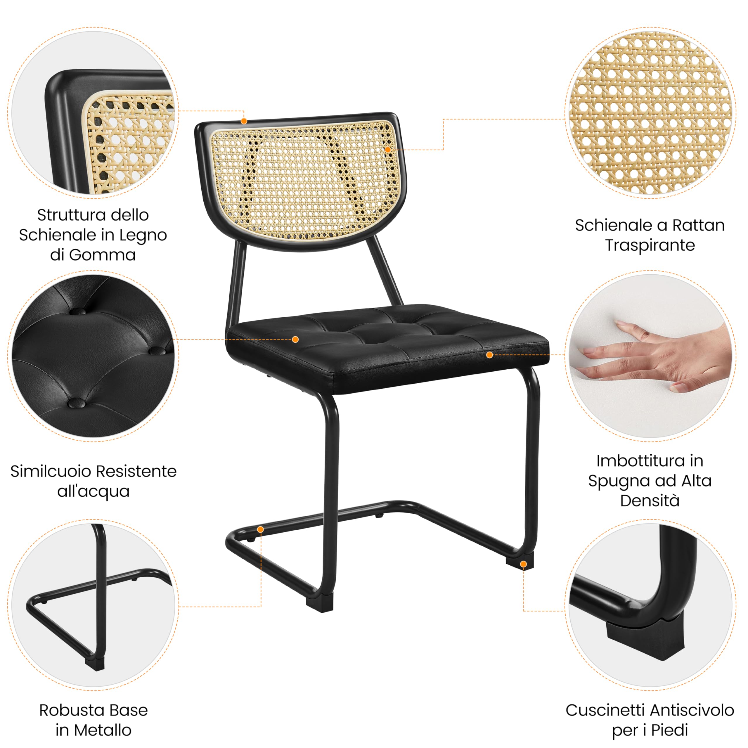 Yaheetech 4-Piece Rattan Dining Chair Set - Mid Century Modern Kitchen Chairs with Metal Legs & Upholstered Faux Leather Seat - Black Dining Room Chairs for Home, Kitchen, Living Room - Perfect for Indoor Dining, Entertaining & Small Space Decor