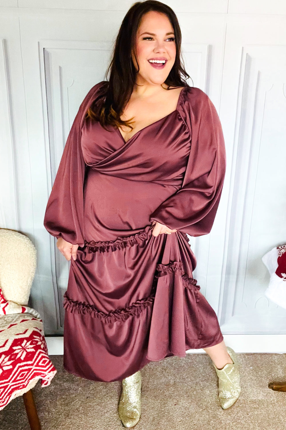 Holiday Vibes Wine Satin Front Overlap Smocked Back Maxi Dress for Women - Elegant Party Gown for Christmas, New Year & Special Occasions