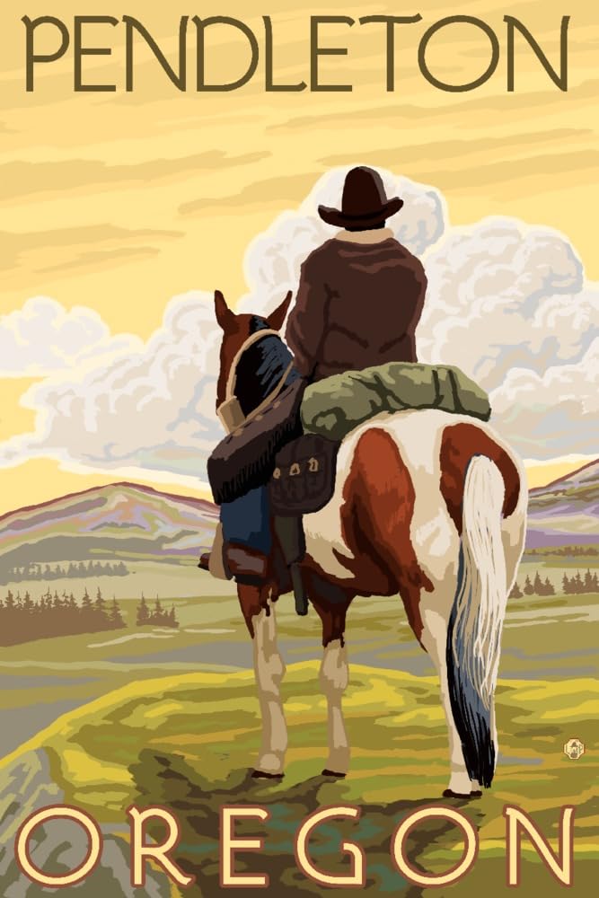 Pendleton Oregon Cowboy & Horse Wall Art - 16x24 Wrapped Canvas Print - Western Home Decor for Living Room, Office & Cabin