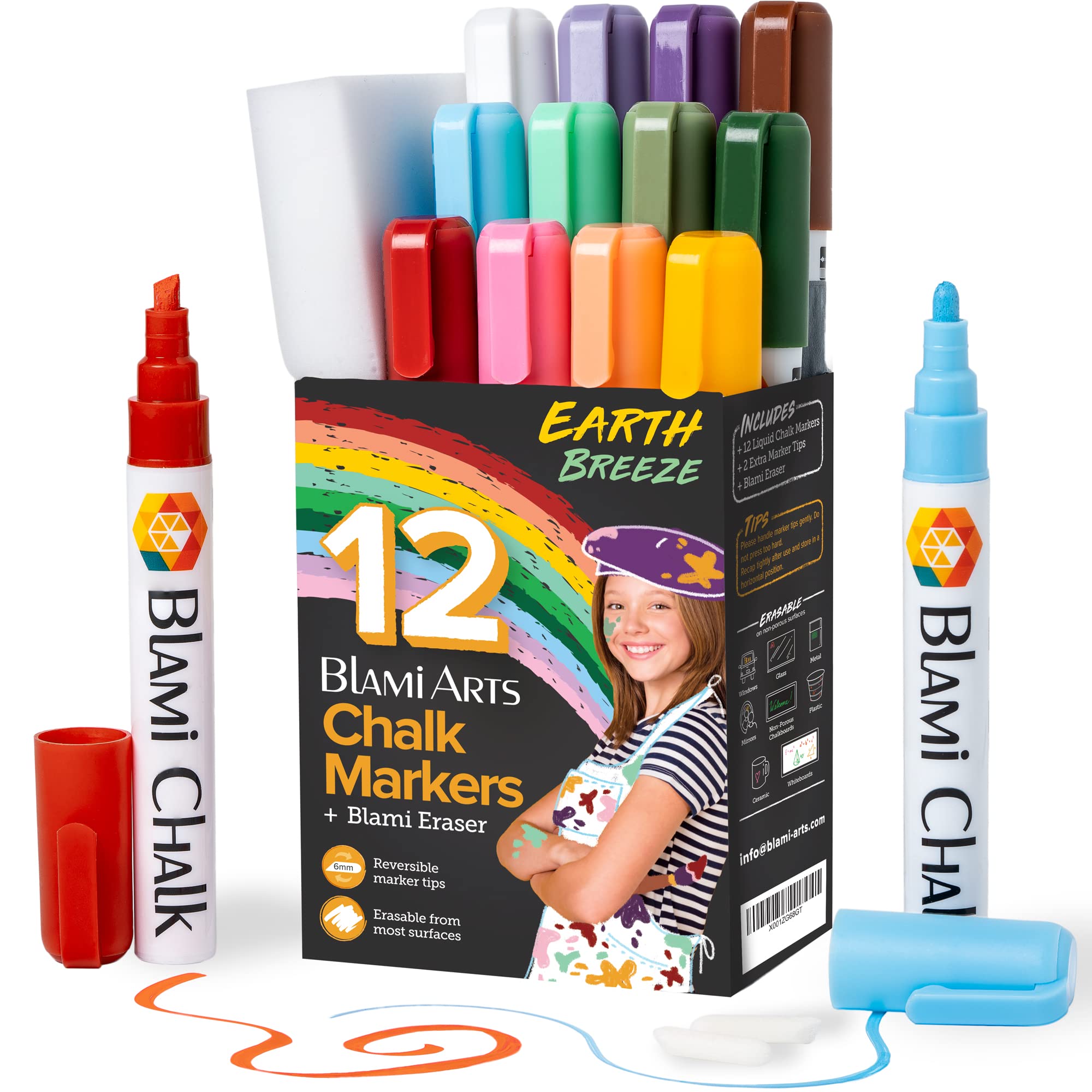 12 Pack Pastel Chalk Markers for Windows, Cars & Chalkboards - Reversible Tip Dry Erase Markers with Erasing Sponge - Earth Tone Colors for DIY Crafts, Restaurant Menus & Classroom Teaching