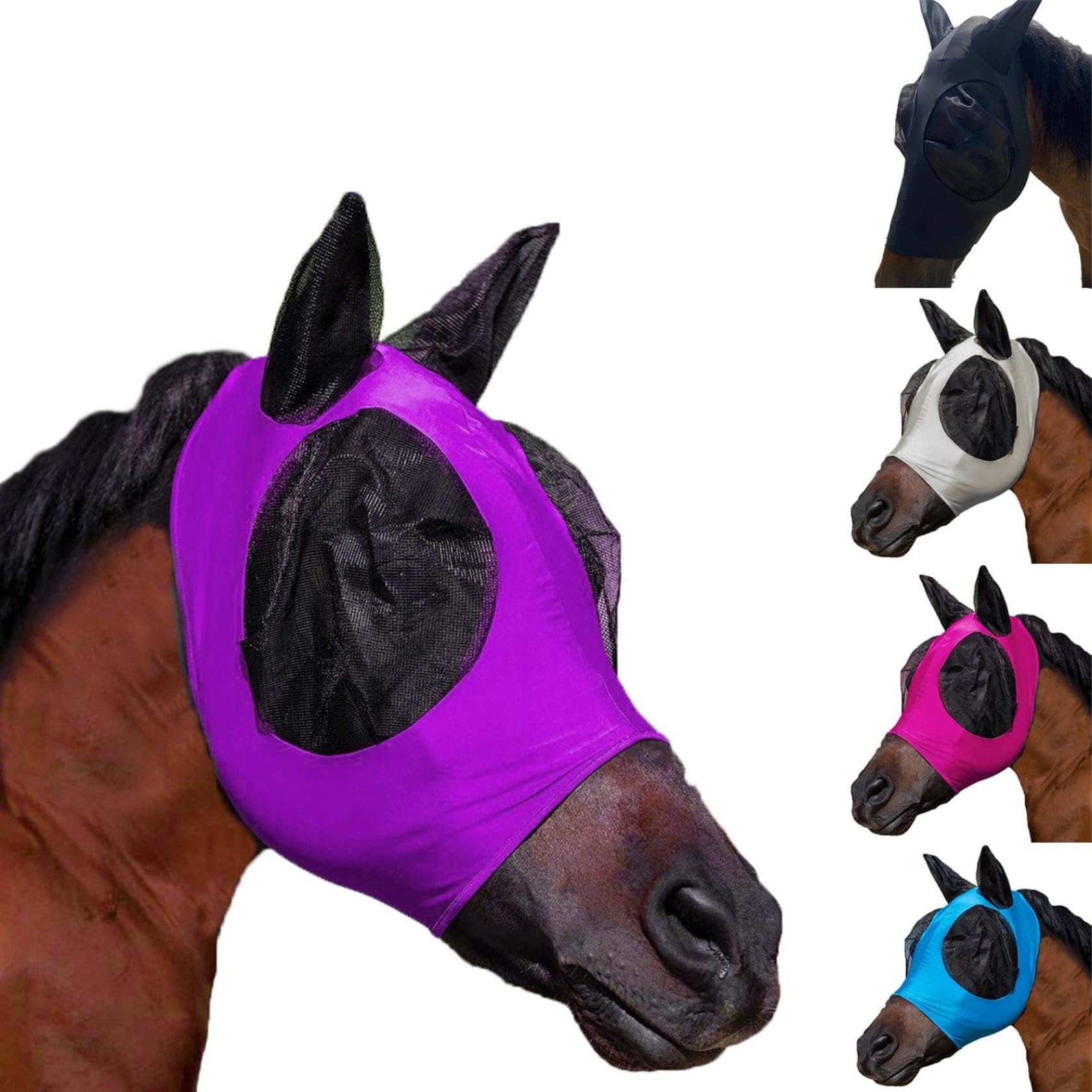Premium Adjustable Horse Fly Mask with UV Protection & Breathable Fabric - Super Comfortable Fly Mask for Horses with Ears - Elastic Equine Fly Mask for Riding, Training & Pasture (Purple)