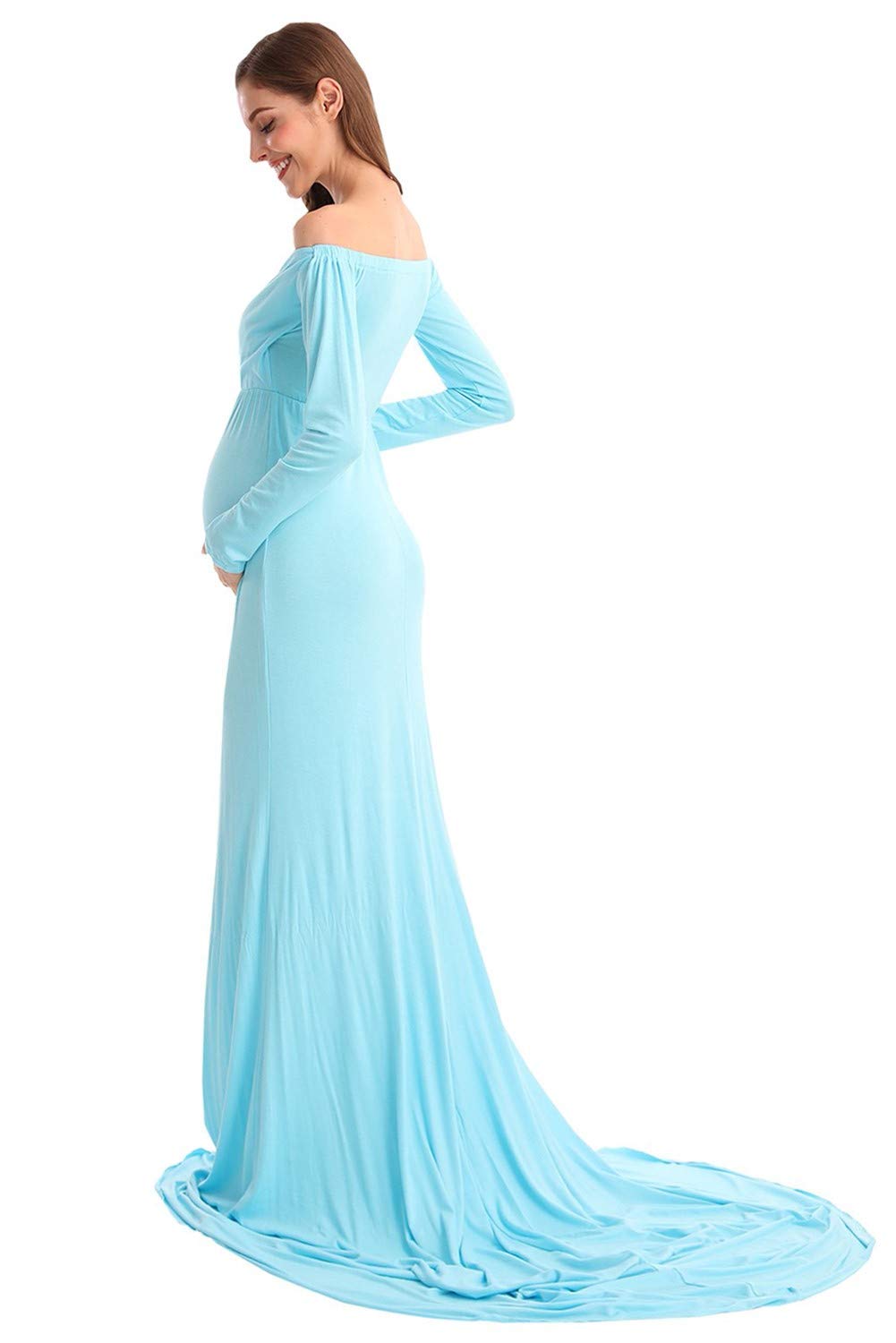 Elegant Women's Maternity Dress - Long Sleeve Off Shoulder Cross-Front V-Neck Slim Fit Maxi Photography Gown with Train for Maternity Photos, Baby Showers & Special Occasions
