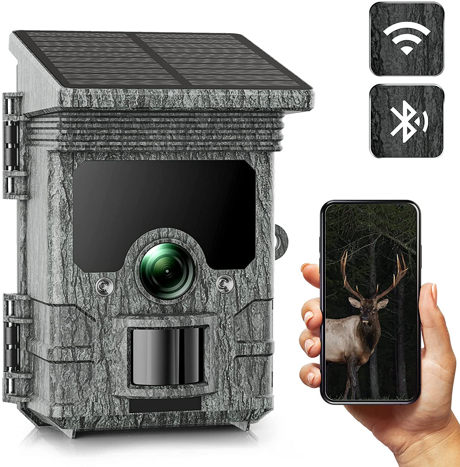 **Solar Powered WiFi Trail Camera 4K 30MP - Wireless Bluetooth Game Camera with Night Vision, Motion Activated, IP66 Waterproof - Ideal for Wildlife Monitoring, Home Security, Hunting & Outdoor Scouting (Black)**