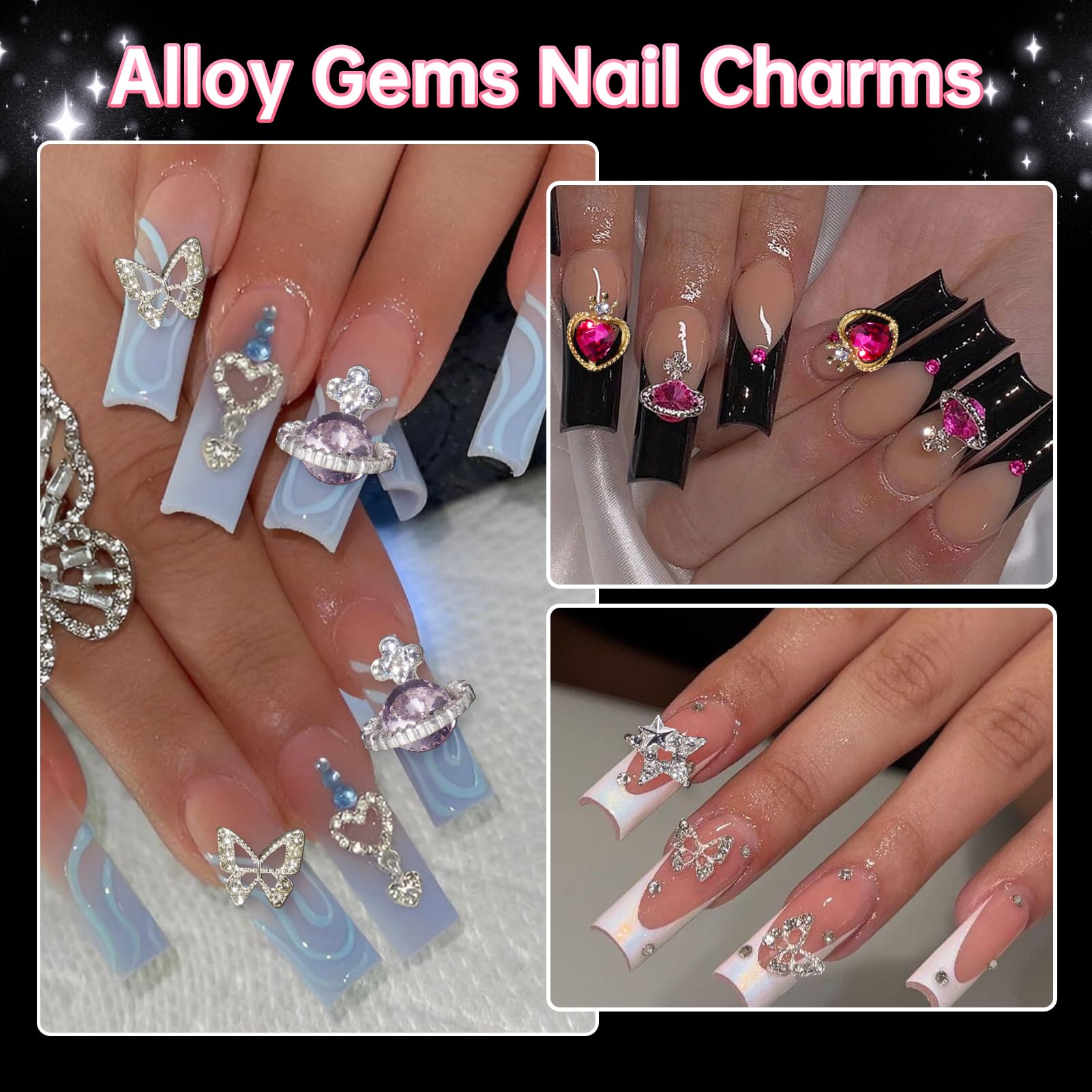 3D Nail Charms and Gems - 24 Pcs Chunky Star Heart Planet Butterfly Alloy Rhinestone Charms with Pink White Flowers, Bows, Hollow Stars, Moon Pearls for Acrylic Nail Art DIY | Perfect for Nail Salon, Home Manicure, Party Nail Designs and Gift Giving