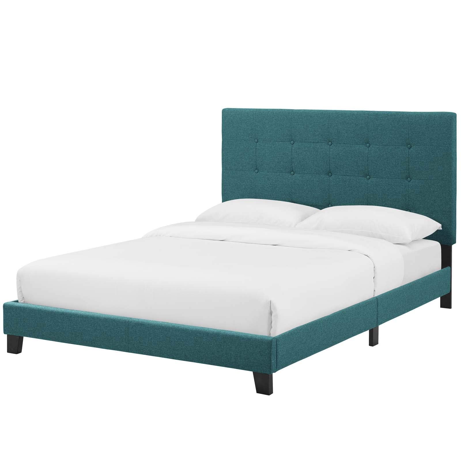 Modern Urban Queen Size Platform Bed Frame with Fabric Upholstery in Aqua Blue - Stylish Bedroom Furniture for Contemporary Homes, Apartments & Guest Rooms