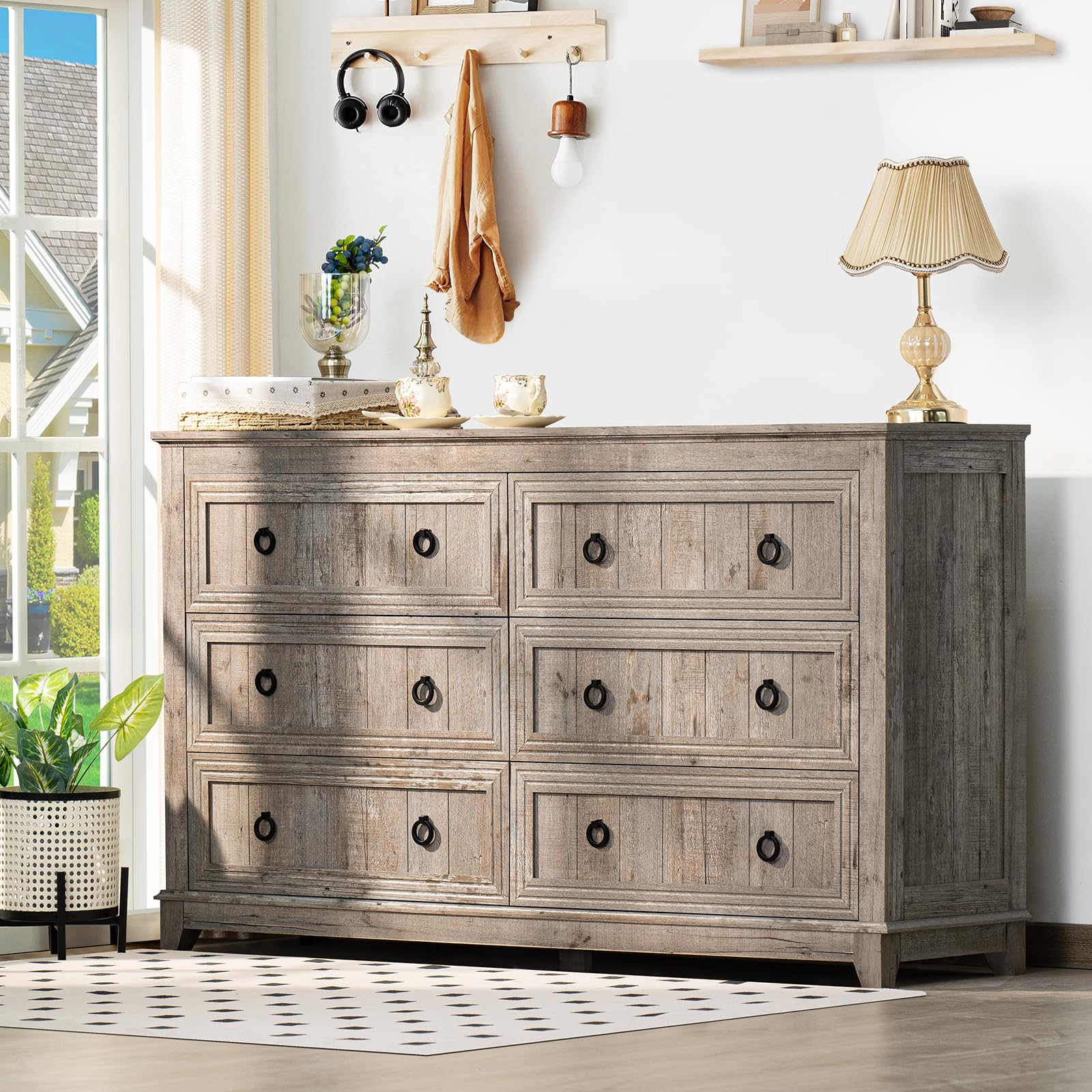 Farmhouse Dresser and Nightstand Set 3-Piece - 6 Drawer Dresser (54