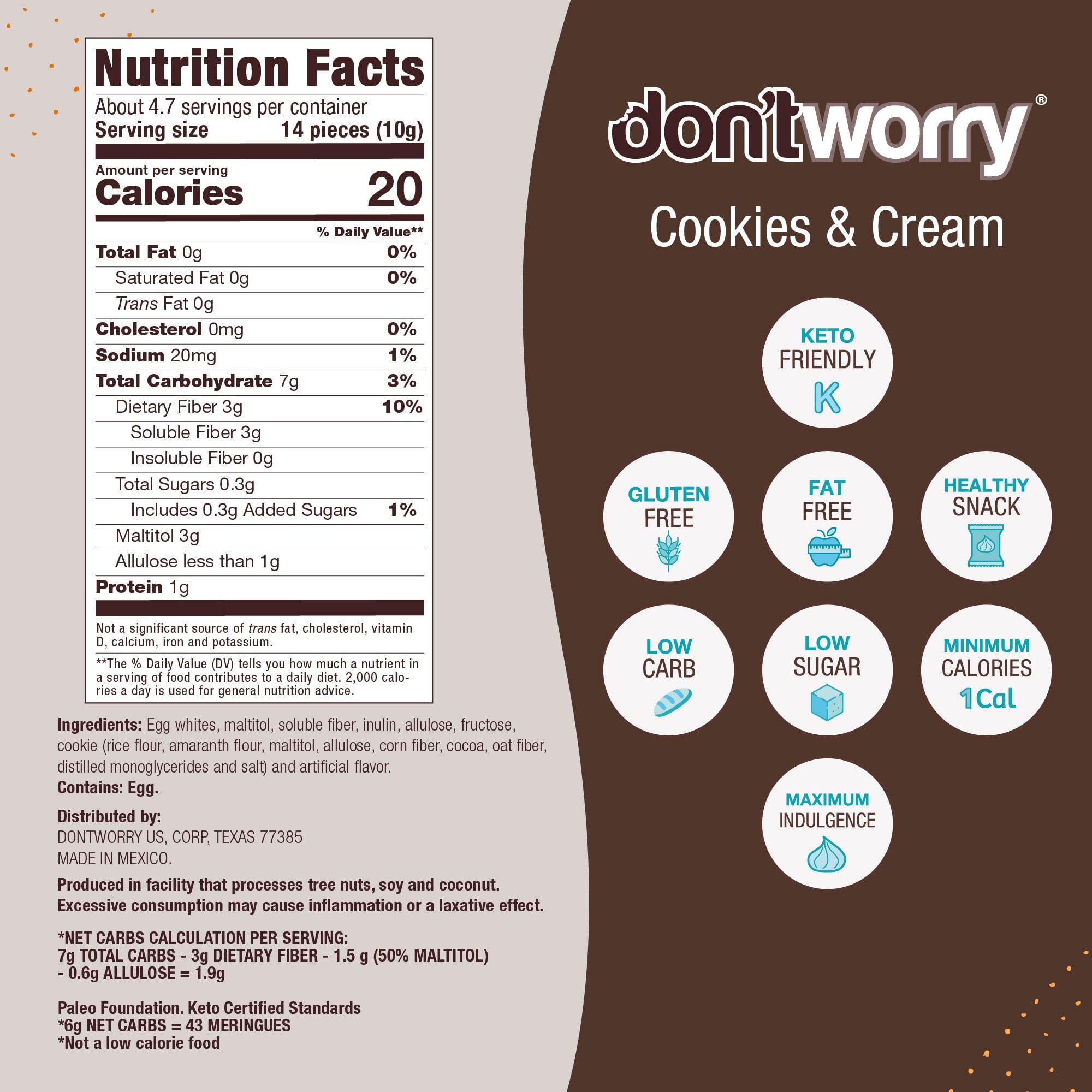 Keto Friendly Meringue Cookies - Cookies & Cream Flavor, 1 Calorie per Piece, Healthy Low Carb Snack, Gluten Free & Sugar Free Treat for Adults - 4 Pack - Perfect for Keto Diet, Weight Loss & On-the-Go Snacking