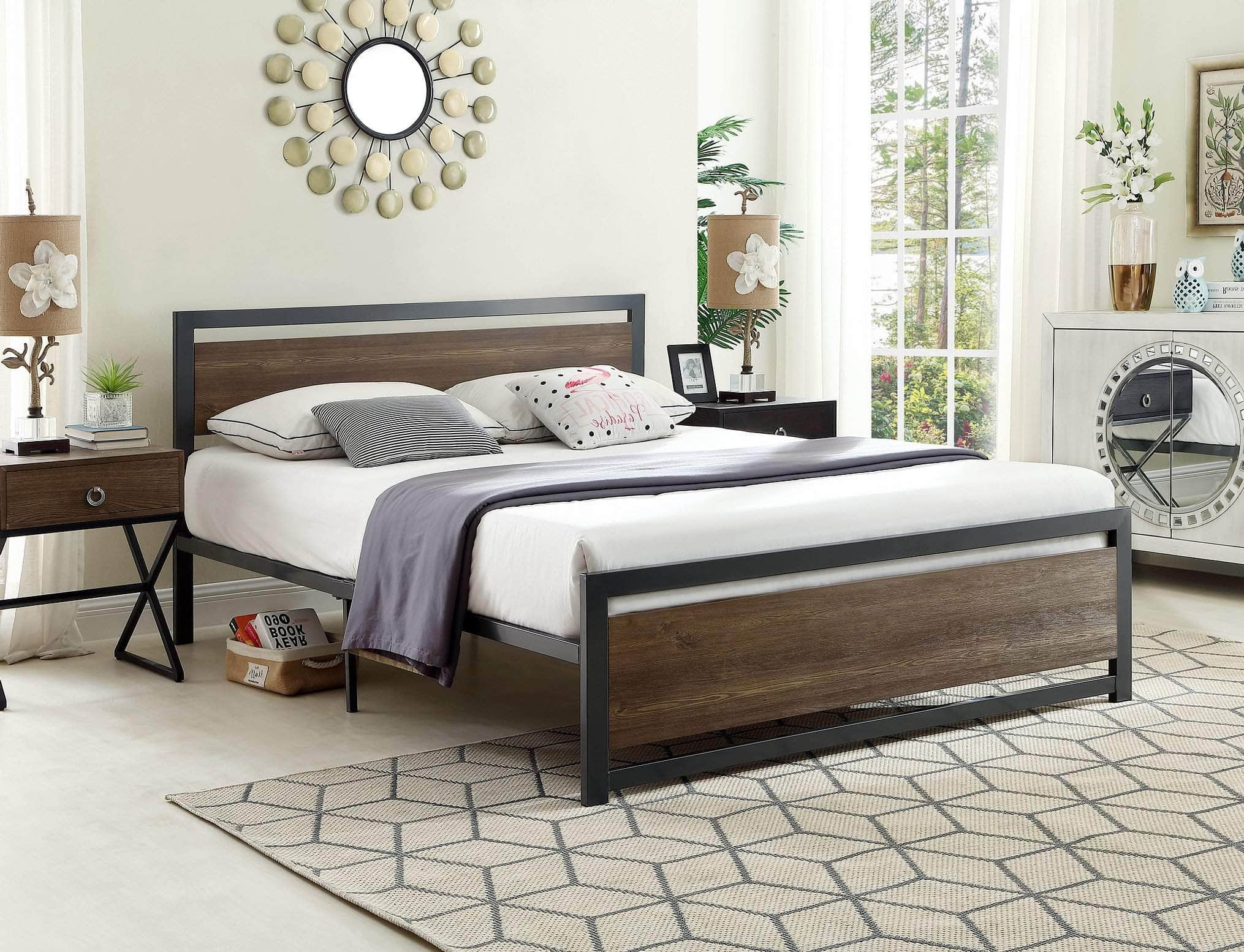 White Rock Solid Wood Platform Bed with Grey Metal Frame - Queen, King, Full Size - Modern Minimalist Bedroom Furniture for Small Spaces & Apartments
