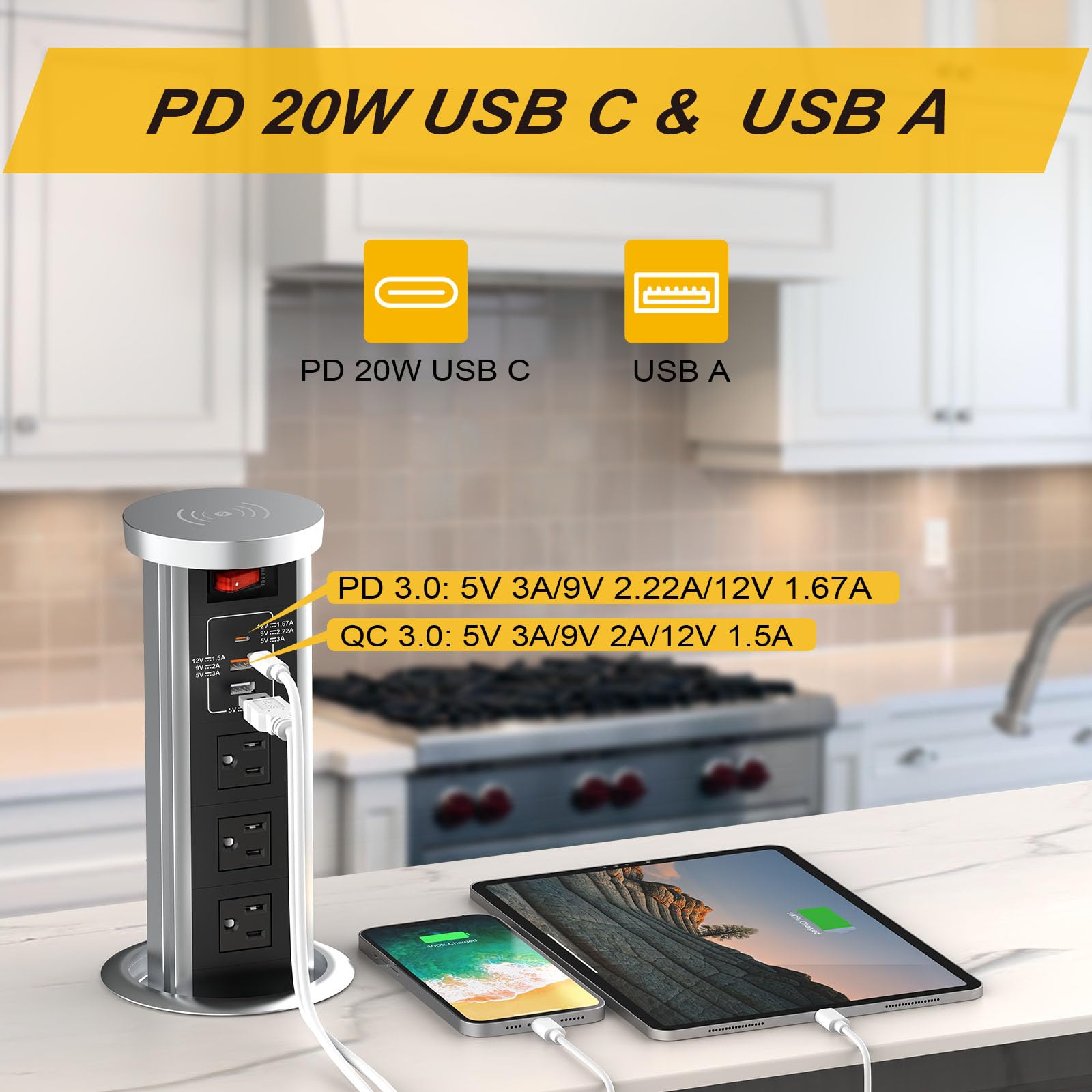 20W USB-C PD Automatic Pop-Up Outlet with 15W Wireless Charger - 3 AC Outlets & 3 USB Ports for Home, Office, Kitchen, Conference & Workbench - Space-Saving Power Strip (Black) | Perfect for Clutter-Free Desks, Countertops & Workstations