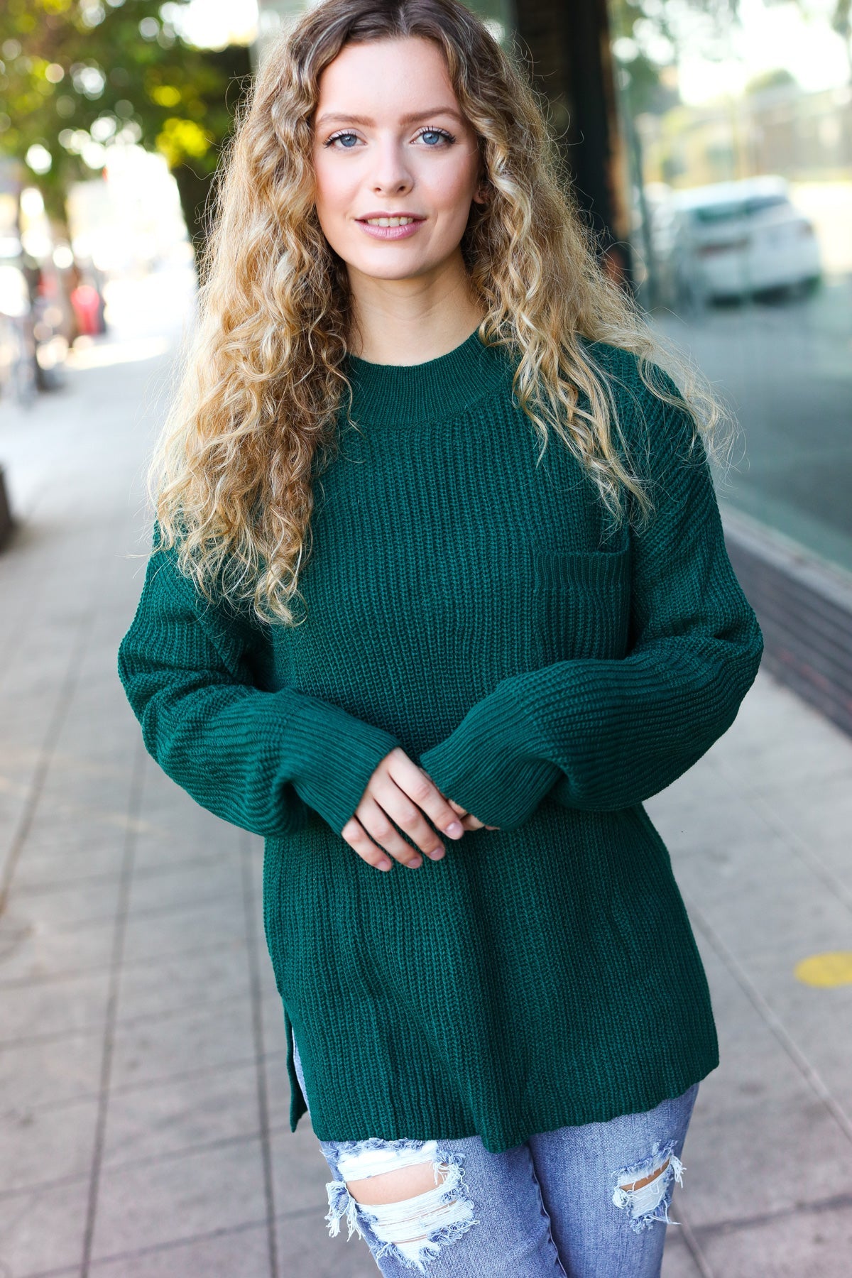 Stylish Hunter Green Mock Neck Knit Sweater with Chest Pocket - Cozy Winter Wear for Women | Perfect for Casual Outings & Office Attire