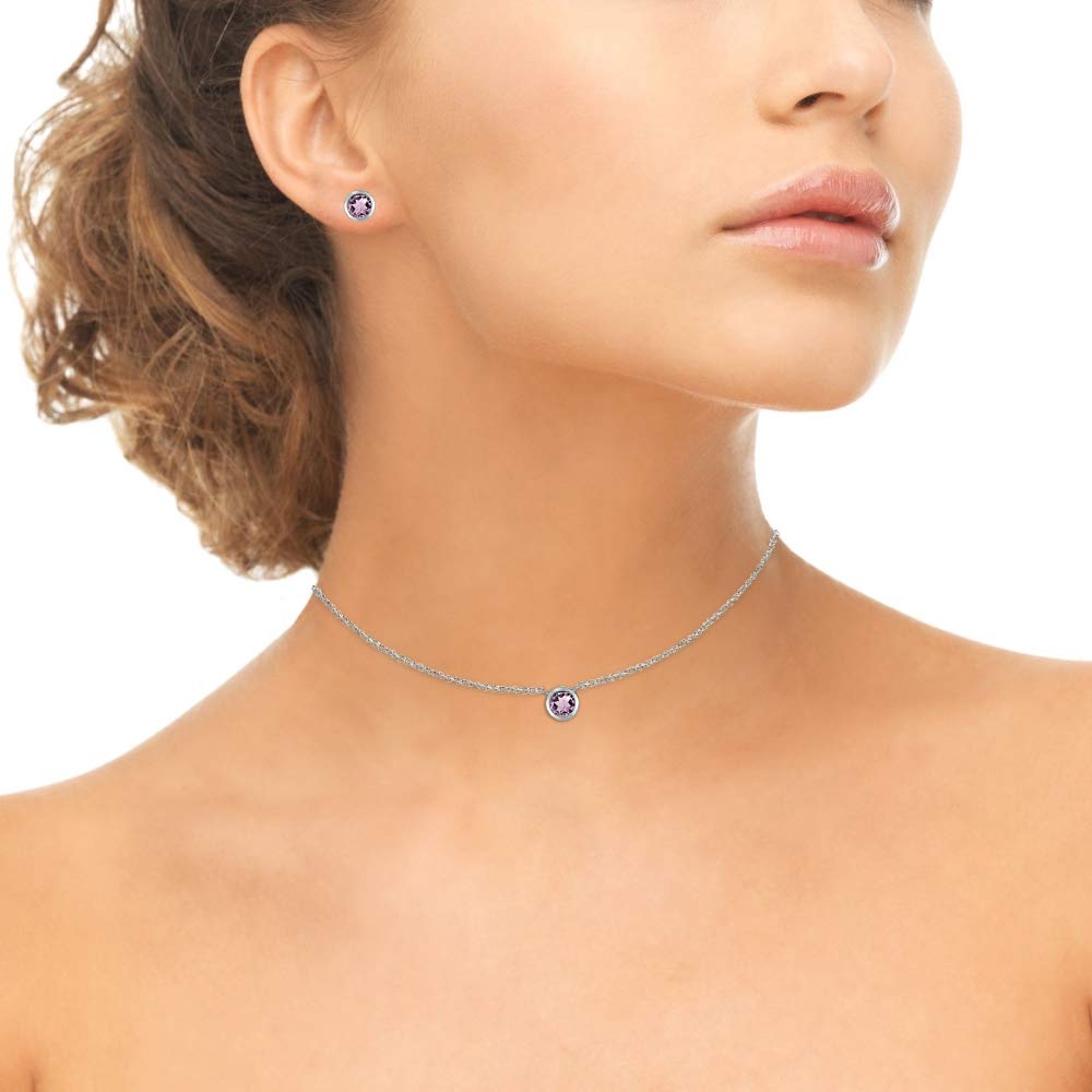 Women's Jewelry Sets - Sterling Silver Necklace & Earrings with Genuine/Synthetic Birthstones, 5mm Round Bezel Pendant & Stud Earrings | Perfect for Gifts, Anniversaries & Everyday Elegance
