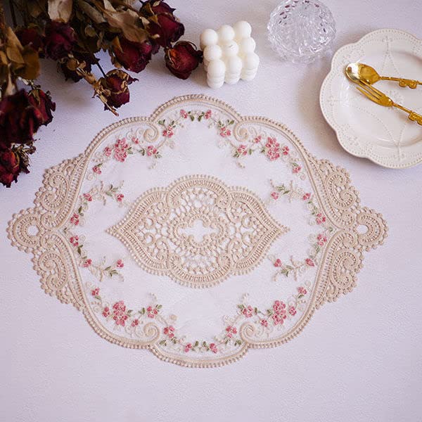Elegant Silver Lace Embroidered Beige Placemat with Floral Cutout Design - 42x31cm - Perfect for Dining Table Decor, Wedding, Party, and Home Decor