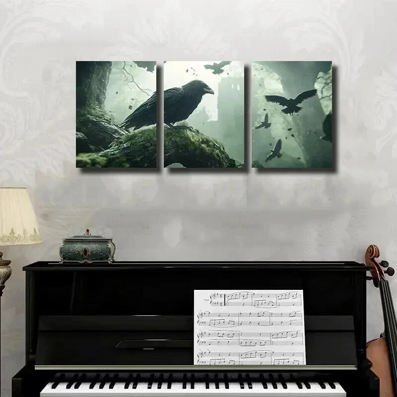 3-Piece Framed Canvas Wall Art Set - Raven Perched on Mossy Branch, 50x70cm | High-Quality Print, 100% Australian Made | Ready to Hang for Living Room, Bedroom, or Office Decor
