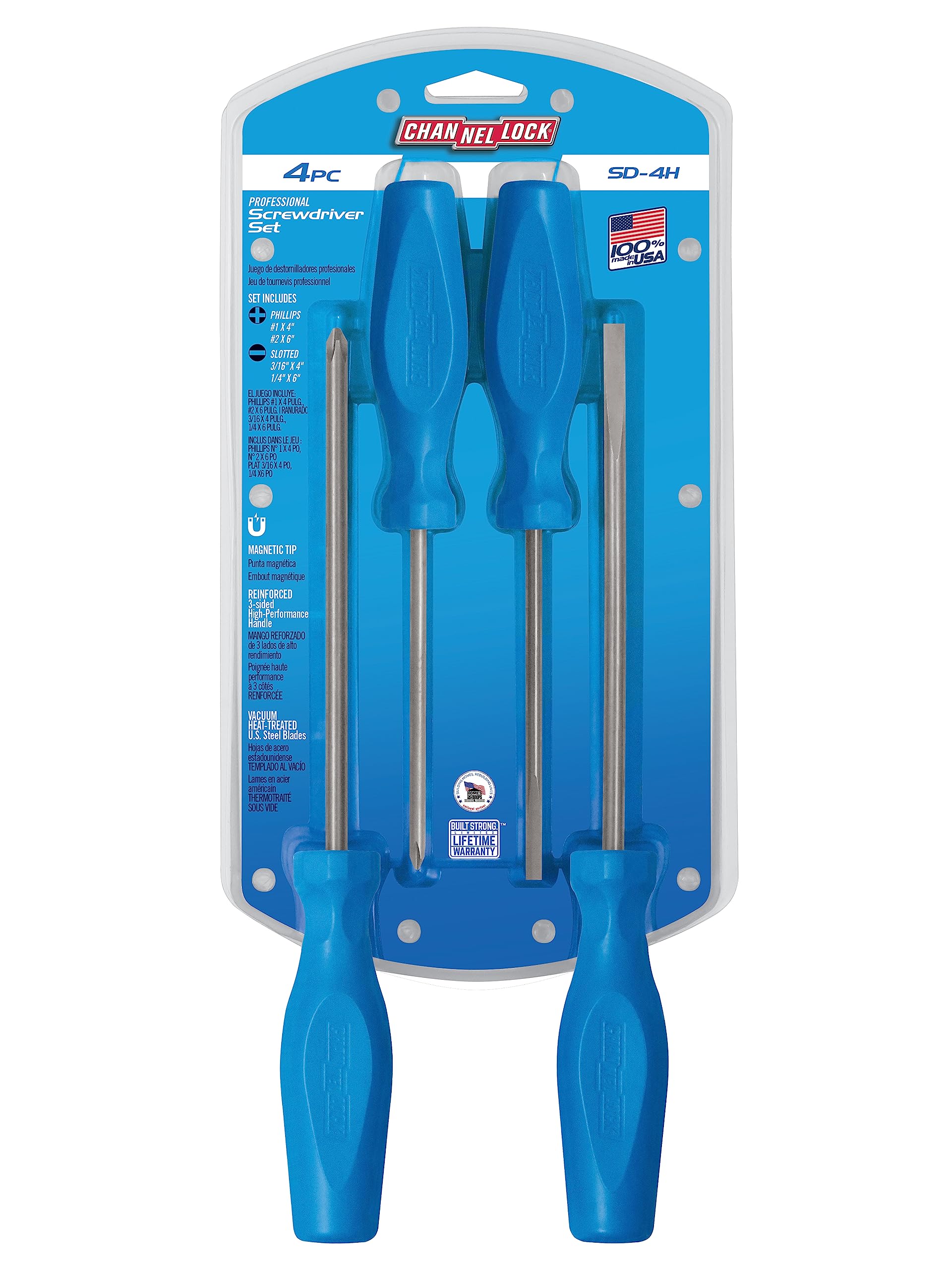 CHANNELLOCK SD-4H 4-Piece Magnetic Tip Screwdriver Set with Tri-Lobe Grip - USA Made for Home Repair, DIY Projects & Professional Use