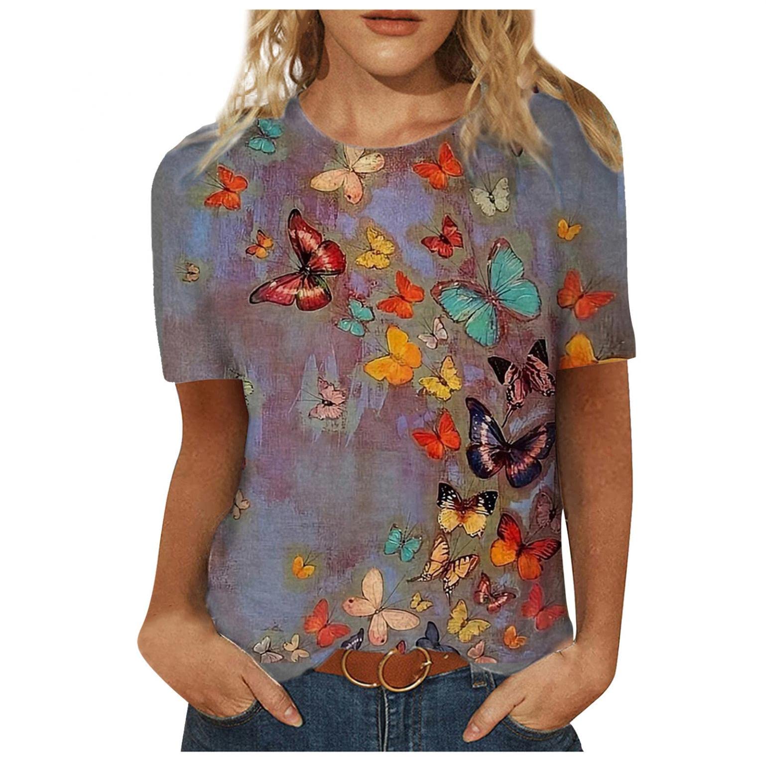 Women's Casual Short Sleeve Butterfly Print T-Shirt - Summer Comfort O-Neck Tunic Top for Everyday Wear, Work & Weekend Outings