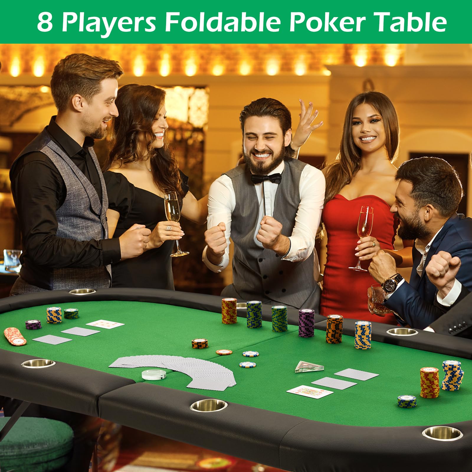ECOTOUGE Foldable Poker Table for 8 Players - Portable Blackjack & Casino Game Table with Stainless Steel Cup Holders & Storage Bag | No Assembly Required | Perfect for Texas Hold'em, Home Game Nights & Casino-Themed Parties (Green)