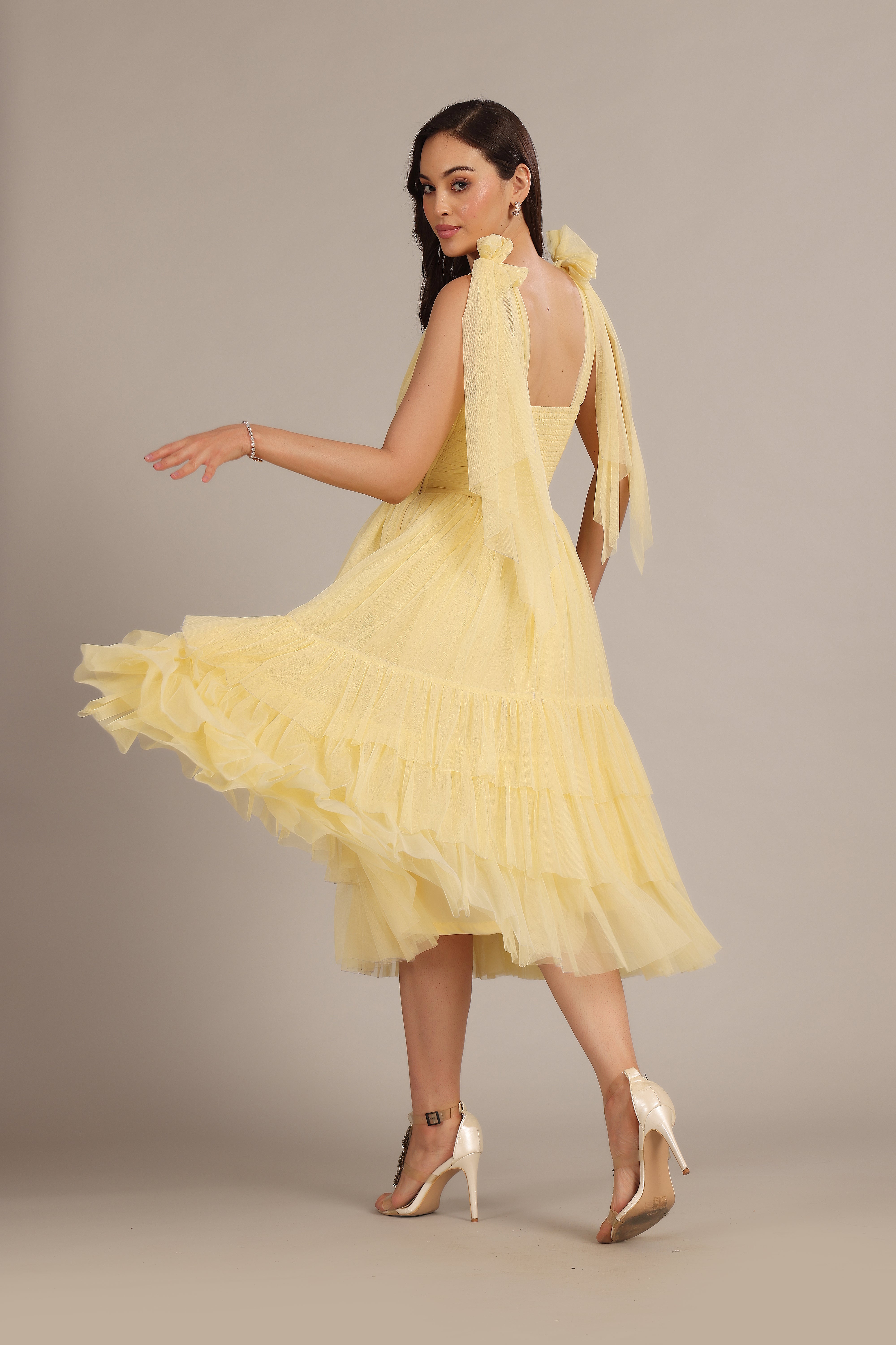 Buttercup Yellow Bow Shoulder Madison Midi Dress for Women | Elegant Party & Wedding Guest Outfit | Summer Cocktail & Formal Occasion Wear