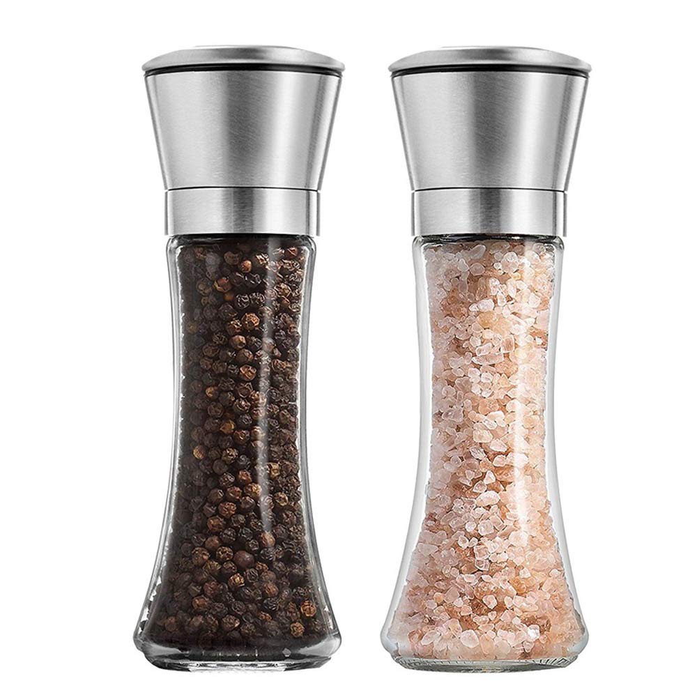 Premium Stainless Steel Salt and Pepper Grinder Set - Adjustable Coarseness, Refillable Glass Spice Mill with Ergonomic Design - Perfect for Home Kitchen, Dining Table, BBQ Grill & Camping Cooking