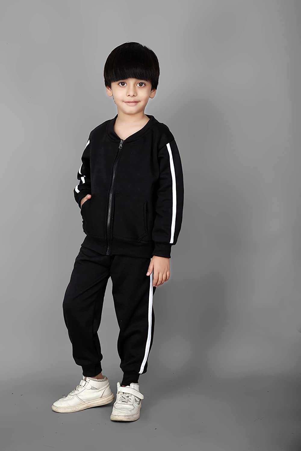 Ameeha Stylish Kids Striped Track Suit for Boys & Girls (8-9 Years) - Black Athletic Outfit for School, Sports & Playtime