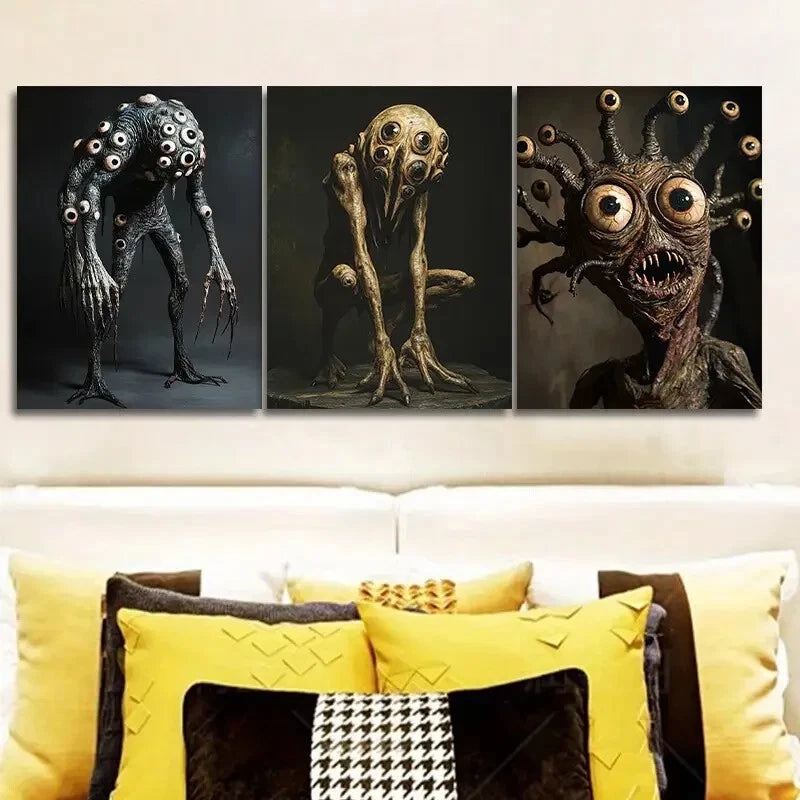 3-Piece Scary Eye Monster Wall Art Set - Framed Canvas 40x60cm (16x24in) - High Quality Print, 100% Australian Made, Ready to Hang - Perfect for Halloween Decor, Horror Theme Rooms & Gothic Home Decor