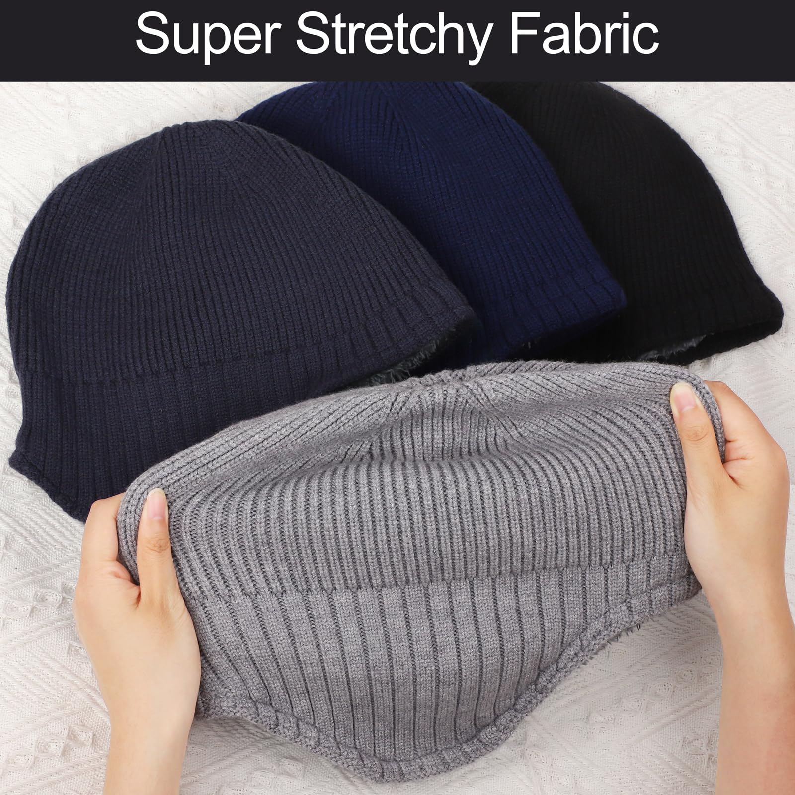 Apoway 4 Pack Winter Warm Fleece-Lined Earflap Beanie Hat for Men & Women - Stretchy Skull Cap with Ear Covers for Cold Weather, Outdoor Activities, Skiing & Snowboarding