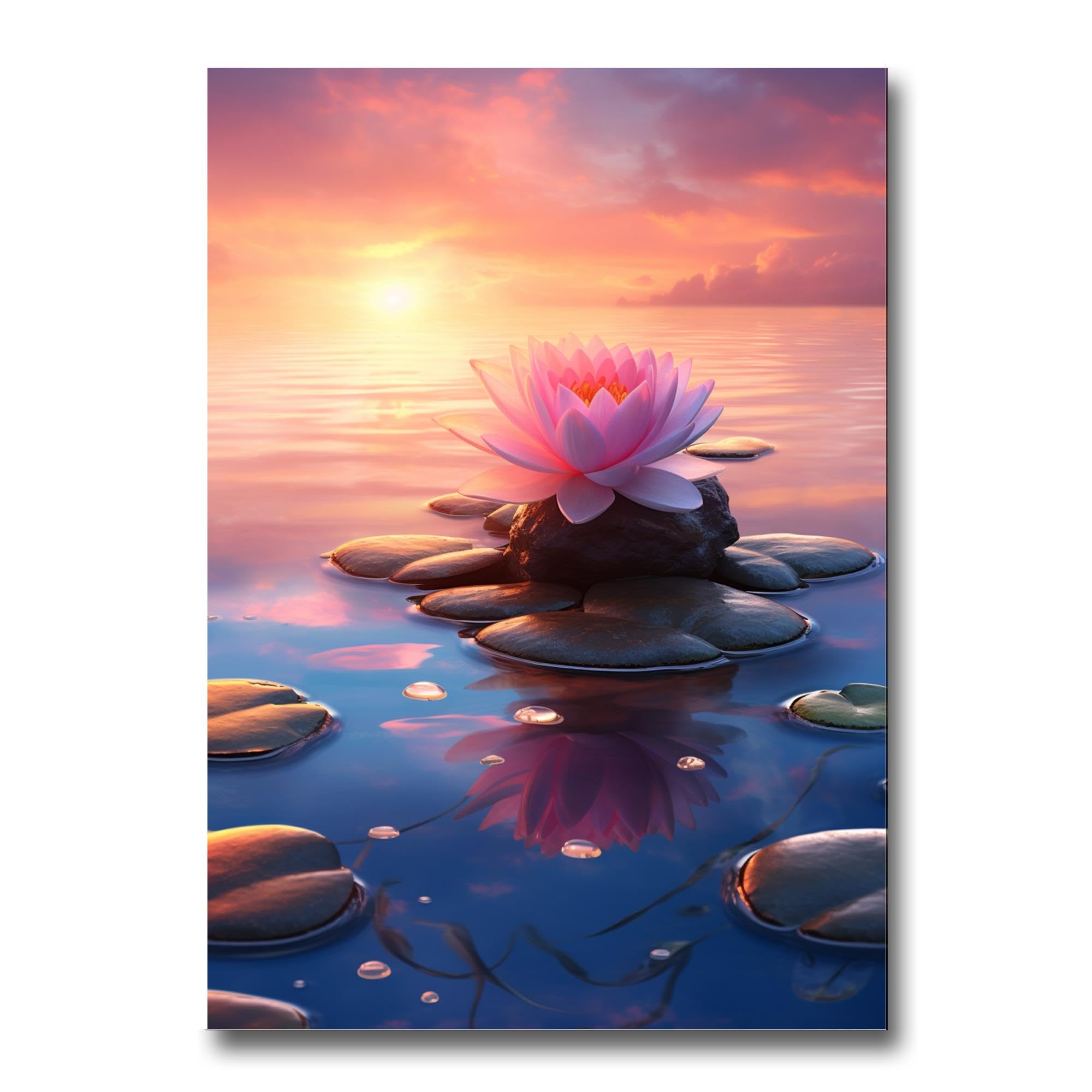 Zen Wall Art Decor - Framed Zen Garden Poster with Stone Flower & Peaceful Water Sunset - Meditation & Yoga Room Decor for Home, Office, Spa - Calming Scenery Wall Art Print for Relaxation & Mindfulness Spaces