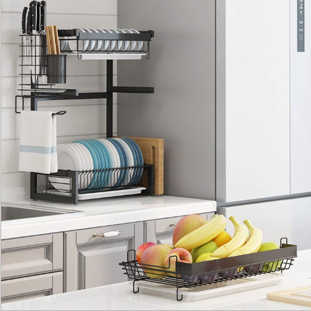 Stainless Steel 3-Tier Dish Drying Rack with Utensil Holder & Cutting Board Storage - Space Saving Kitchen Countertop Organizer for Dishes, Cups & Cookware (Black) - Perfect for Small Kitchens, Apartments & RV Living